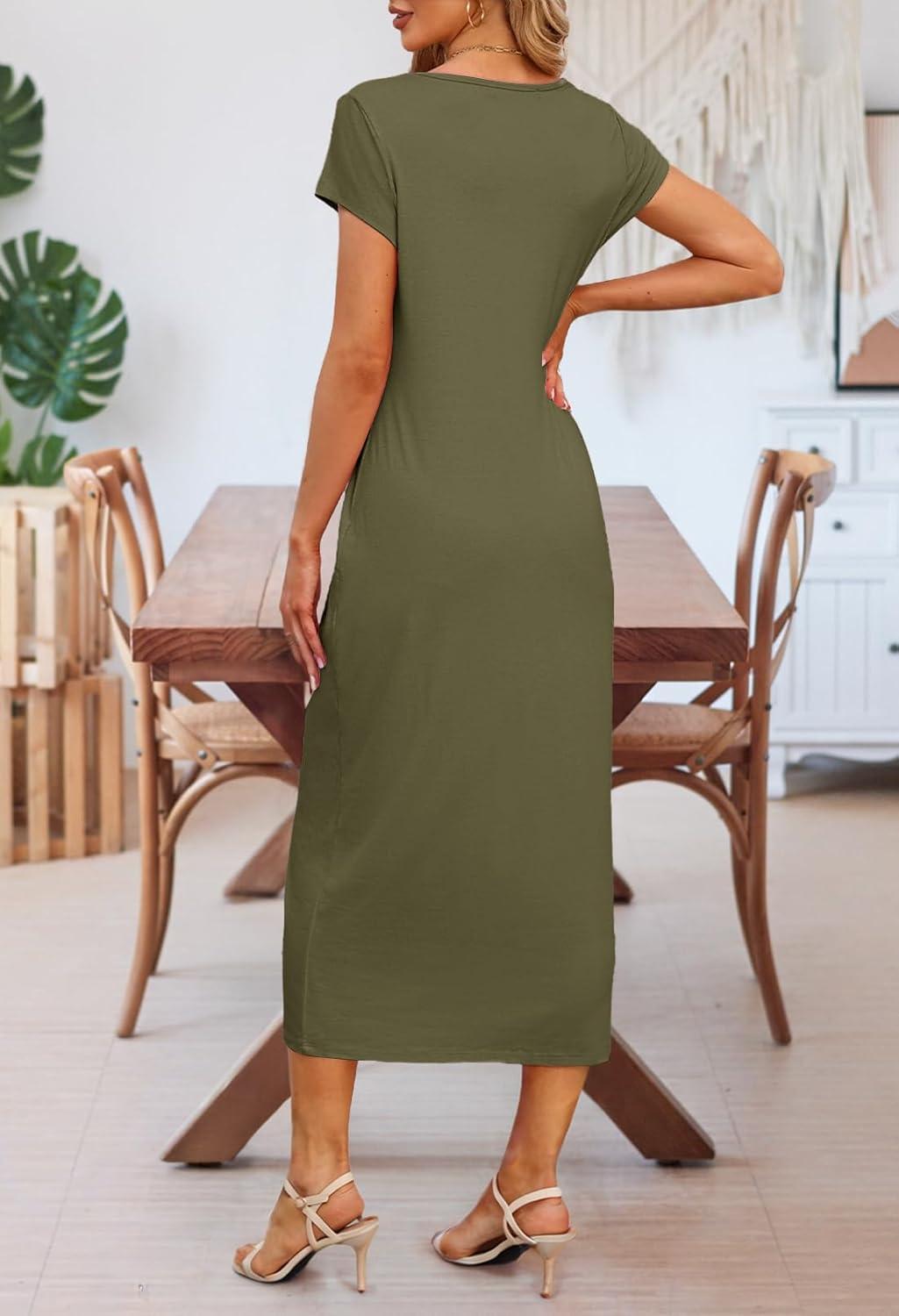 imageMEROKEETY Womens 2026 Summer Short Sleeve Tshirt Dress Casual Crew Neck Beach Long Maxi DressesOlive
