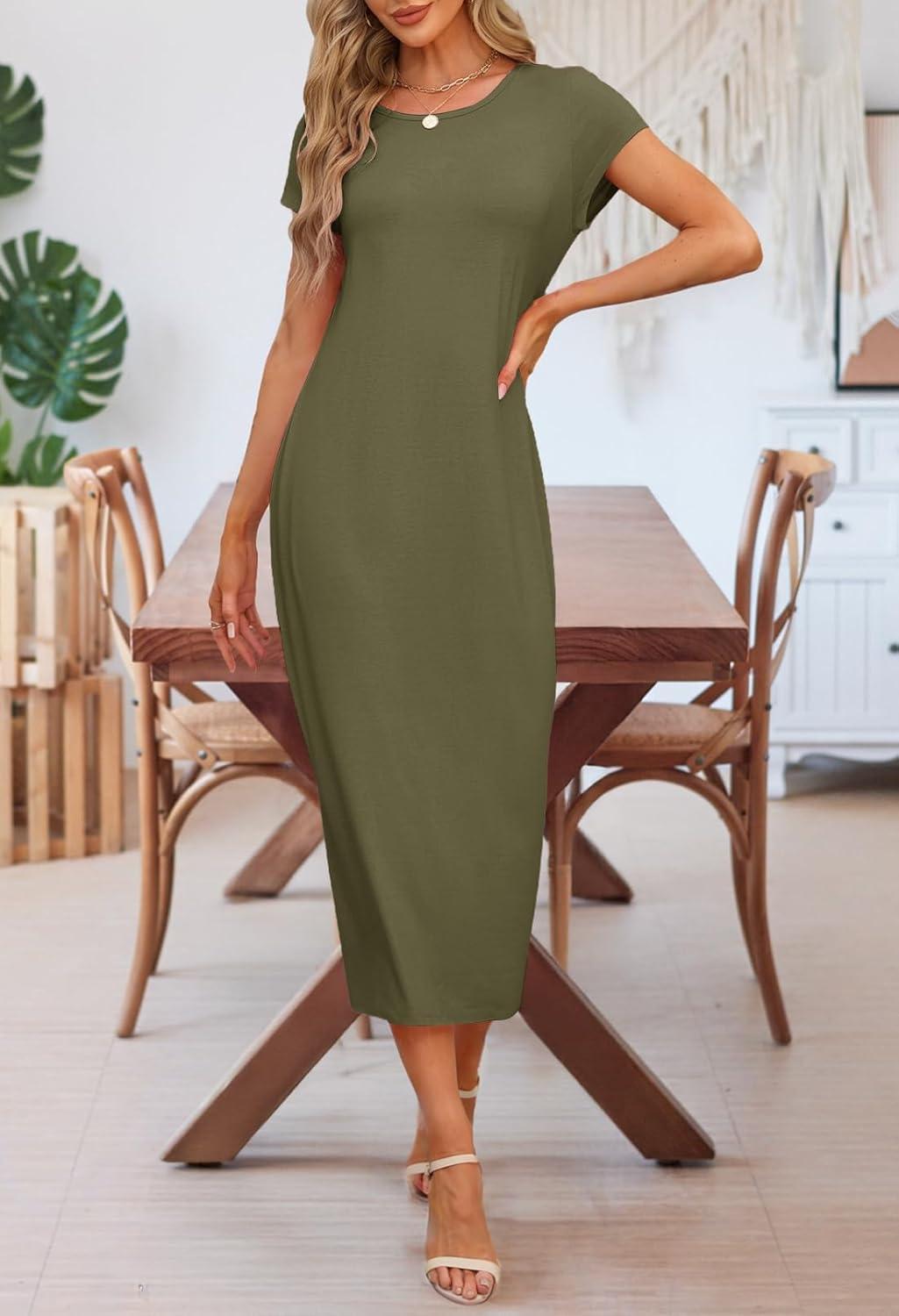 imageMEROKEETY Womens 2026 Summer Short Sleeve Tshirt Dress Casual Crew Neck Beach Long Maxi DressesOlive