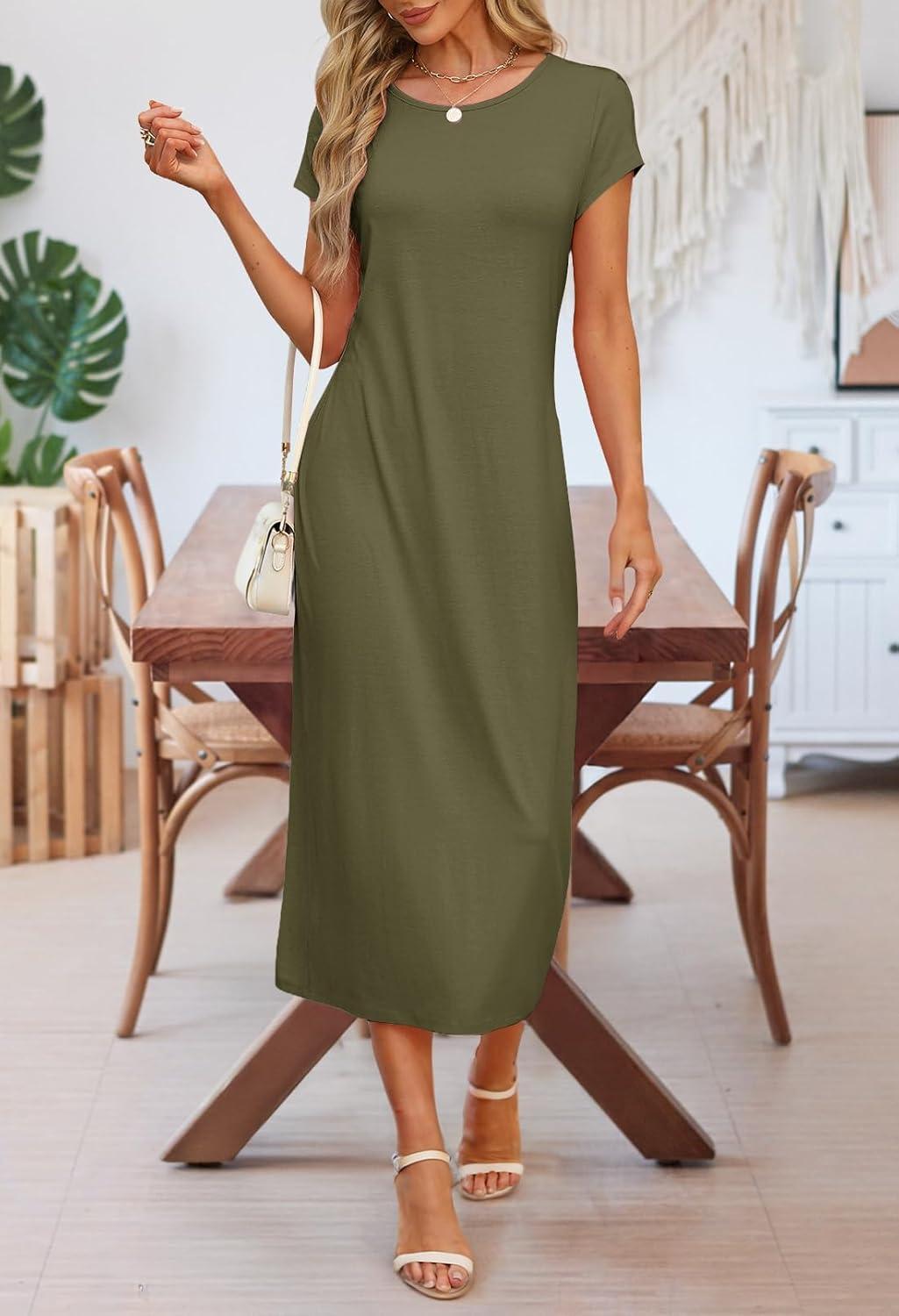 imageMEROKEETY Womens 2026 Summer Short Sleeve Tshirt Dress Casual Crew Neck Beach Long Maxi DressesOlive