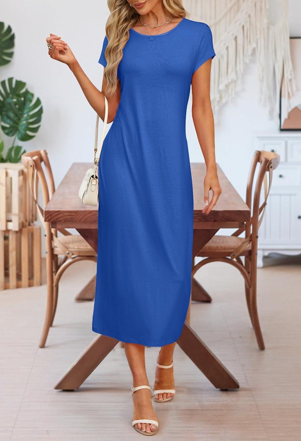 imageMEROKEETY Womens 2026 Summer Short Sleeve Tshirt Dress Casual Crew Neck Beach Long Maxi DressesRoyalblue