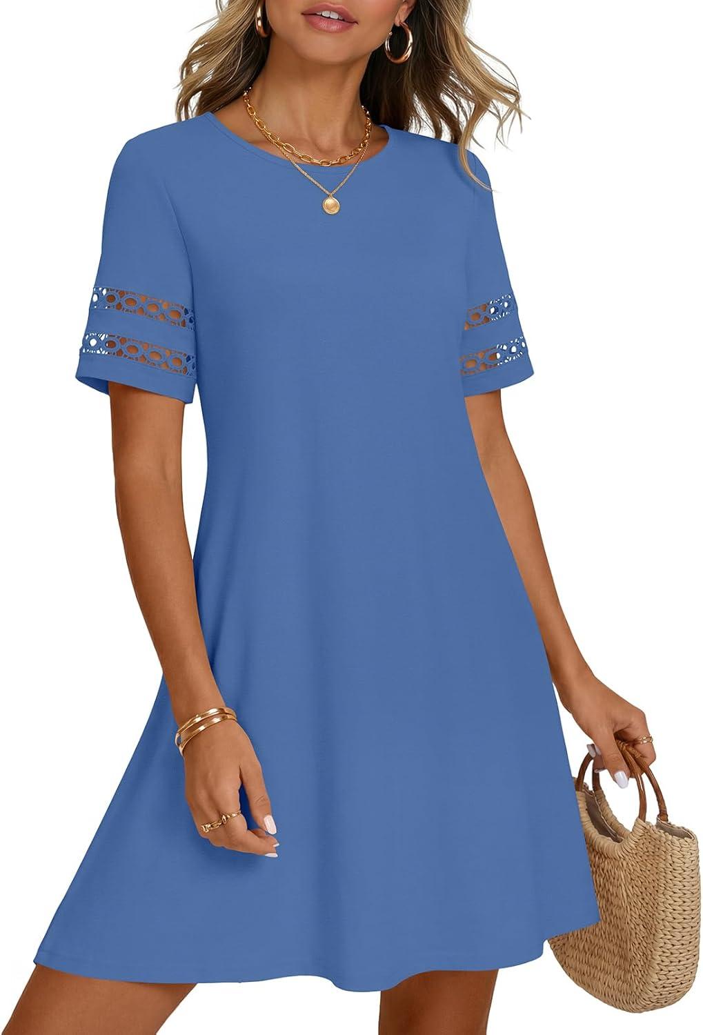 imageMEROKEETY Womens 2026 Summer Spring Casual T Shirt Dress Hollow Out Short Sleeve Beach Vacation Shift Swing SundressBlue
