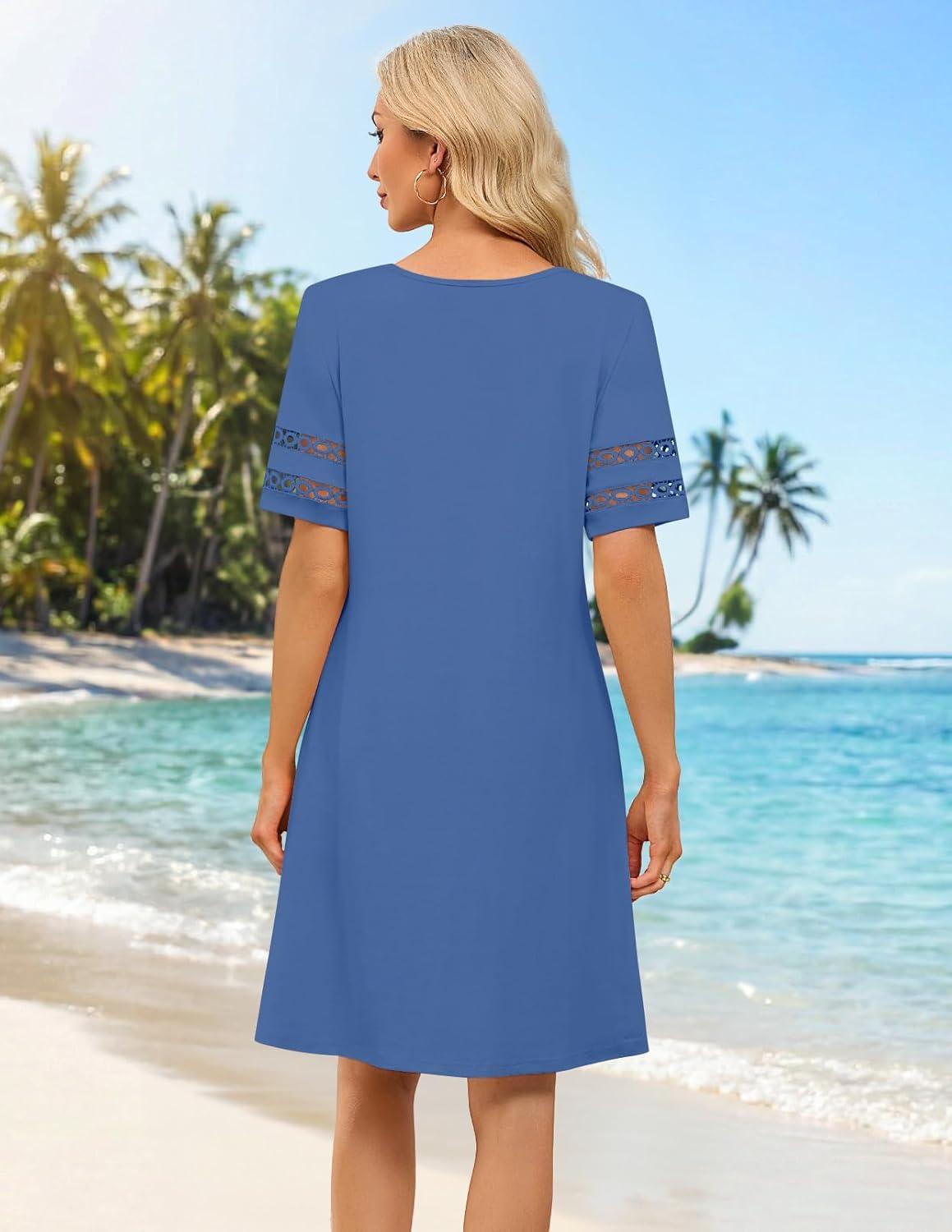 imageMEROKEETY Womens 2026 Summer Spring Casual T Shirt Dress Hollow Out Short Sleeve Beach Vacation Shift Swing SundressBlue