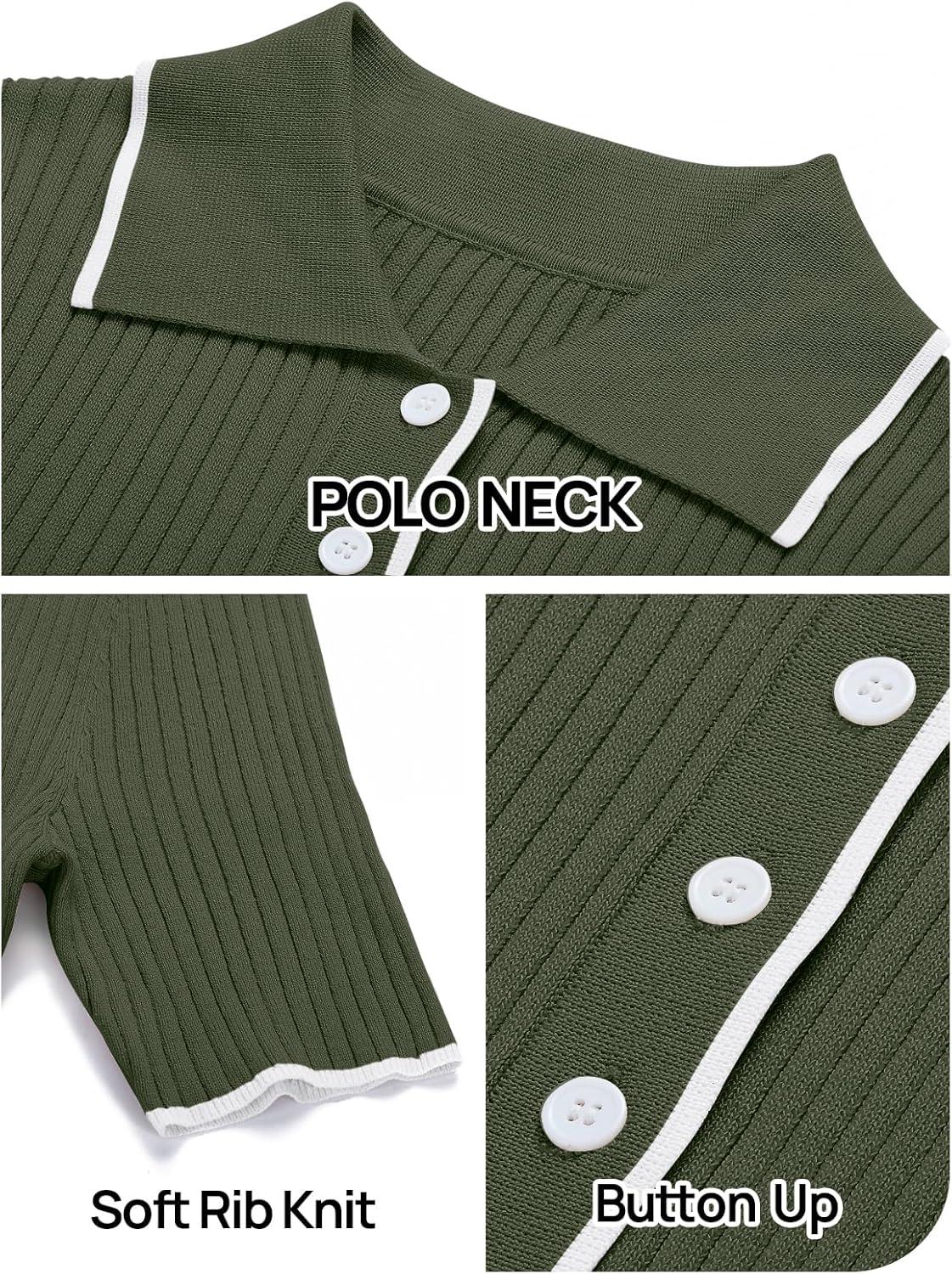 imageMEROKEETY Womens 2026 Summer V Neck Ribbed Midi Dress Short Sleeve Button Elegant Bodycon Knit Sweater DressesArmygreen