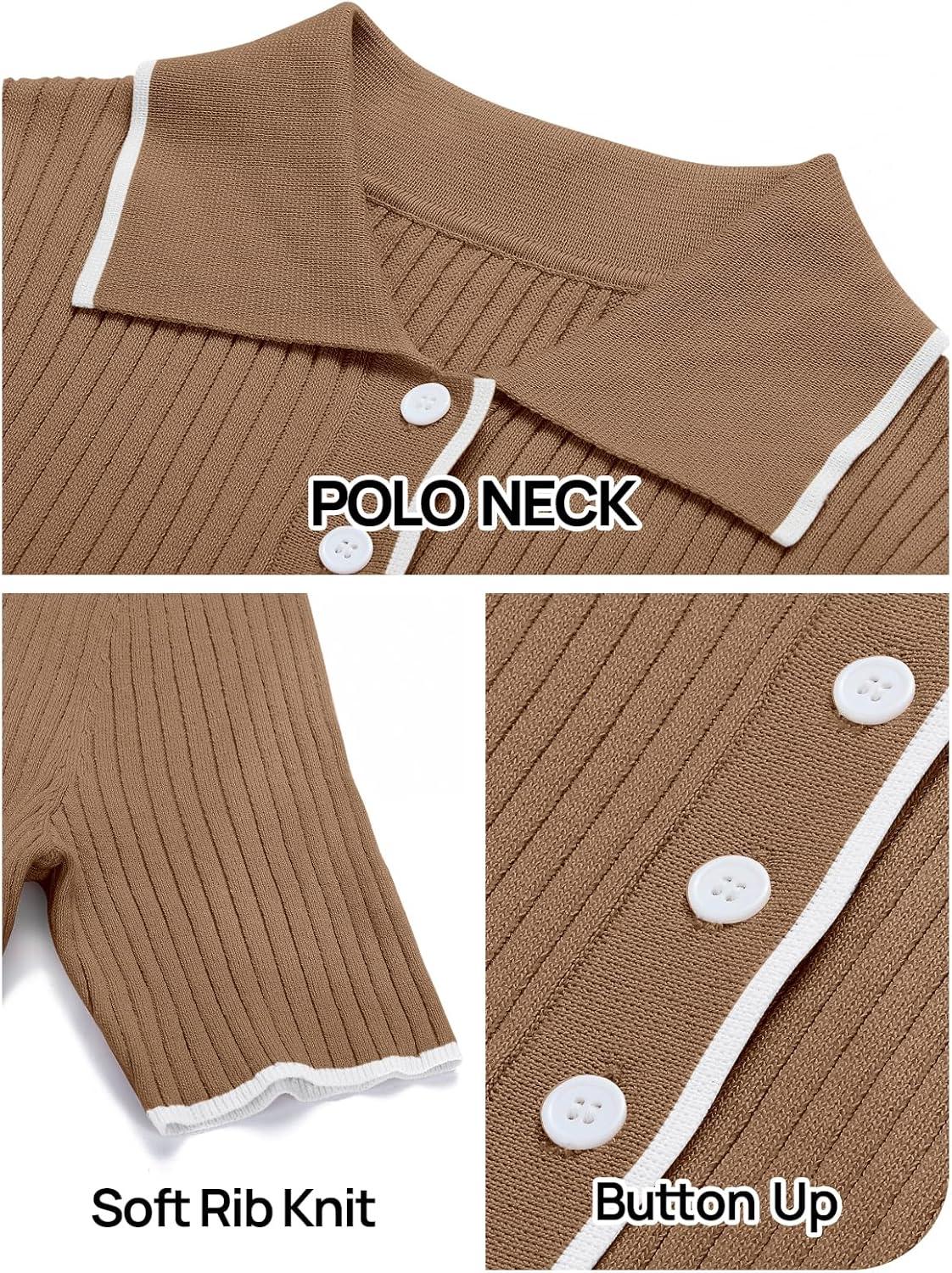 imageMEROKEETY Womens 2026 Summer V Neck Ribbed Midi Dress Short Sleeve Button Elegant Bodycon Knit Sweater DressesCoffee