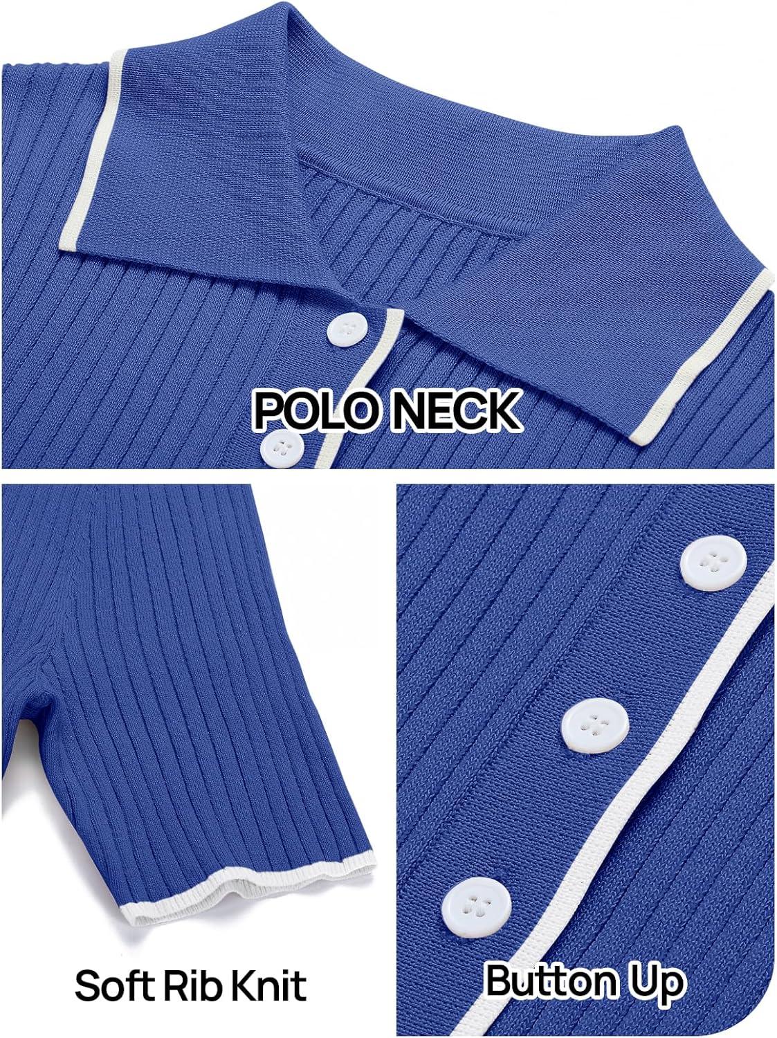 imageMEROKEETY Womens 2026 Summer V Neck Ribbed Midi Dress Short Sleeve Button Elegant Bodycon Knit Sweater DressesKleinblue