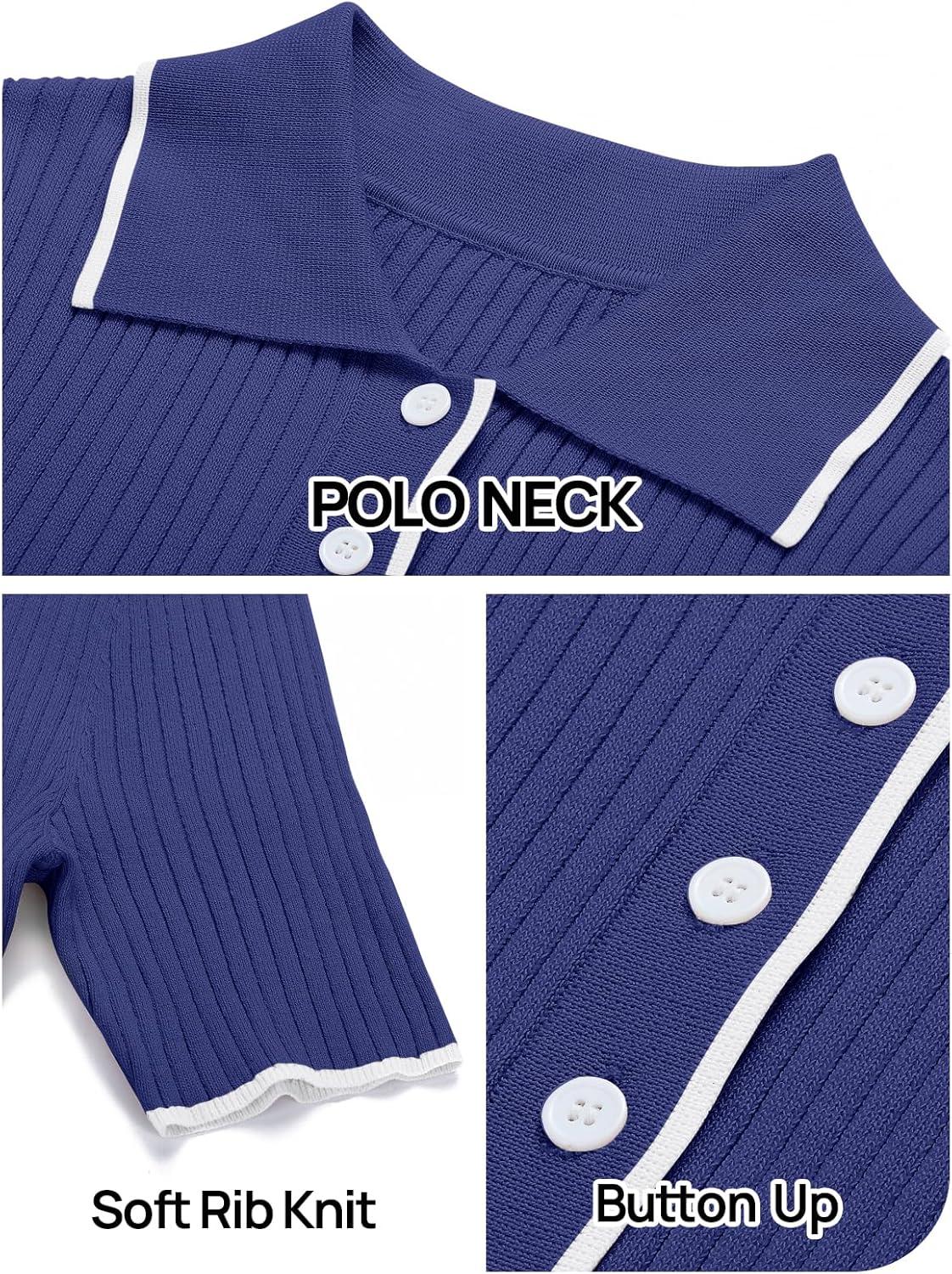imageMEROKEETY Womens 2026 Summer V Neck Ribbed Midi Dress Short Sleeve Button Elegant Bodycon Knit Sweater DressesNavy