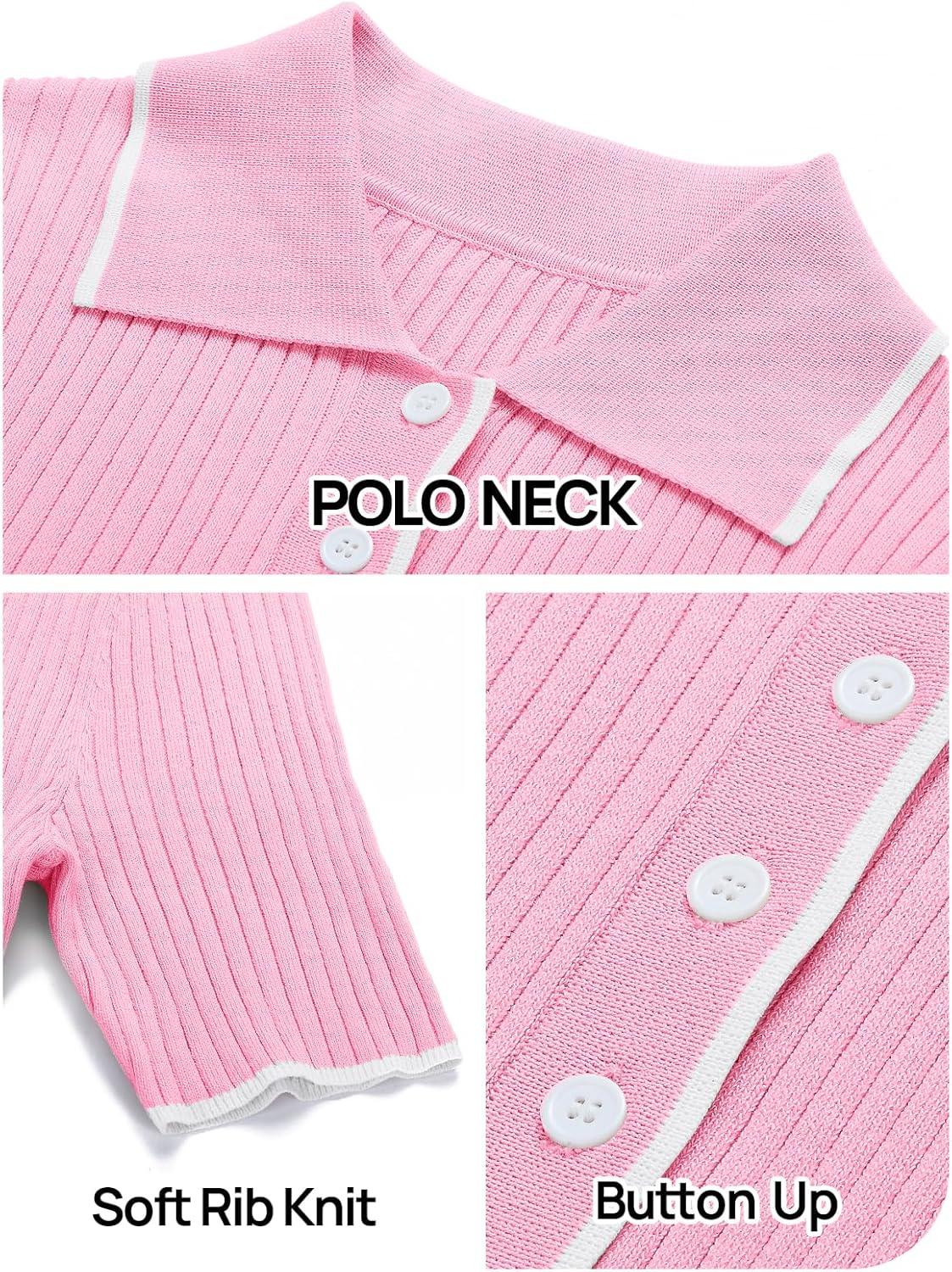 imageMEROKEETY Womens 2026 Summer V Neck Ribbed Midi Dress Short Sleeve Button Elegant Bodycon Knit Sweater DressesPink