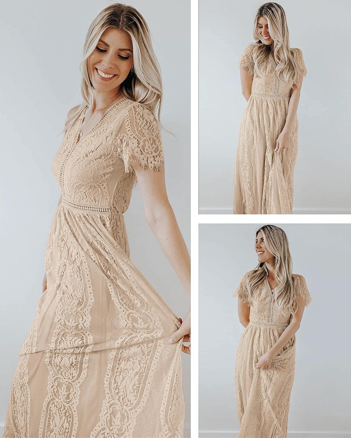 imageMEROKEETY Womens 2026 V Neck Short Sleeve Floral Lace Wedding Dress A Line Boho Bridesmaid Cocktail Party Maxi DressApricot