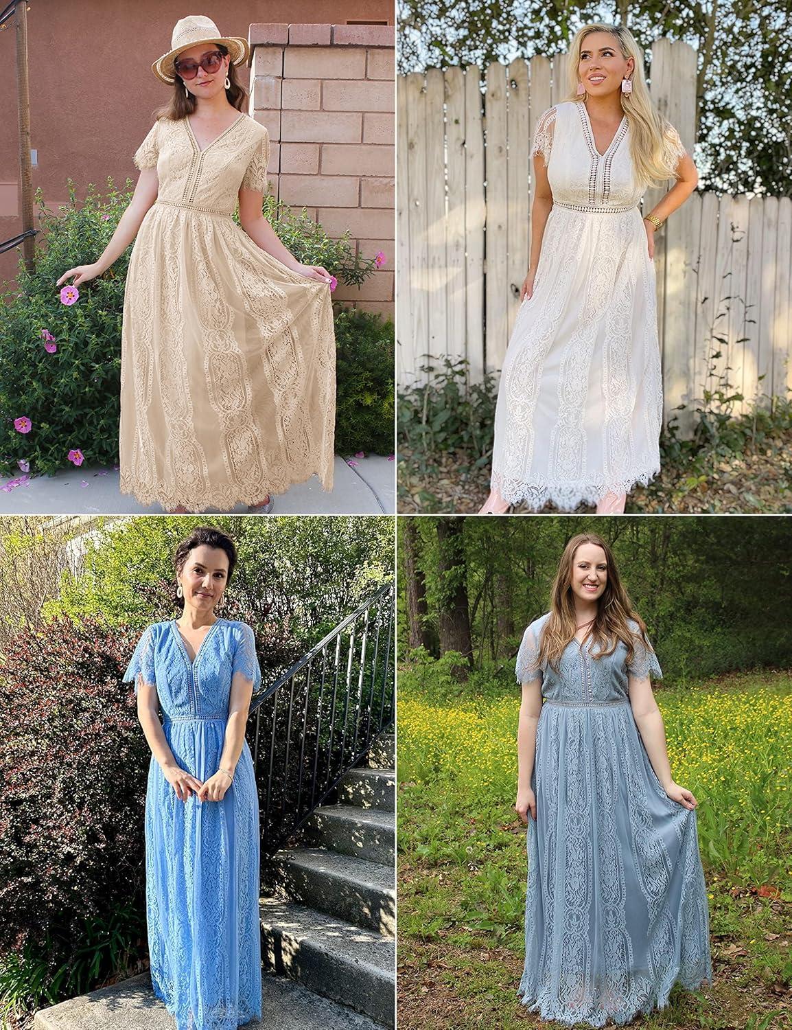 imageMEROKEETY Womens 2026 V Neck Short Sleeve Floral Lace Wedding Dress A Line Boho Bridesmaid Cocktail Party Maxi DressApricot