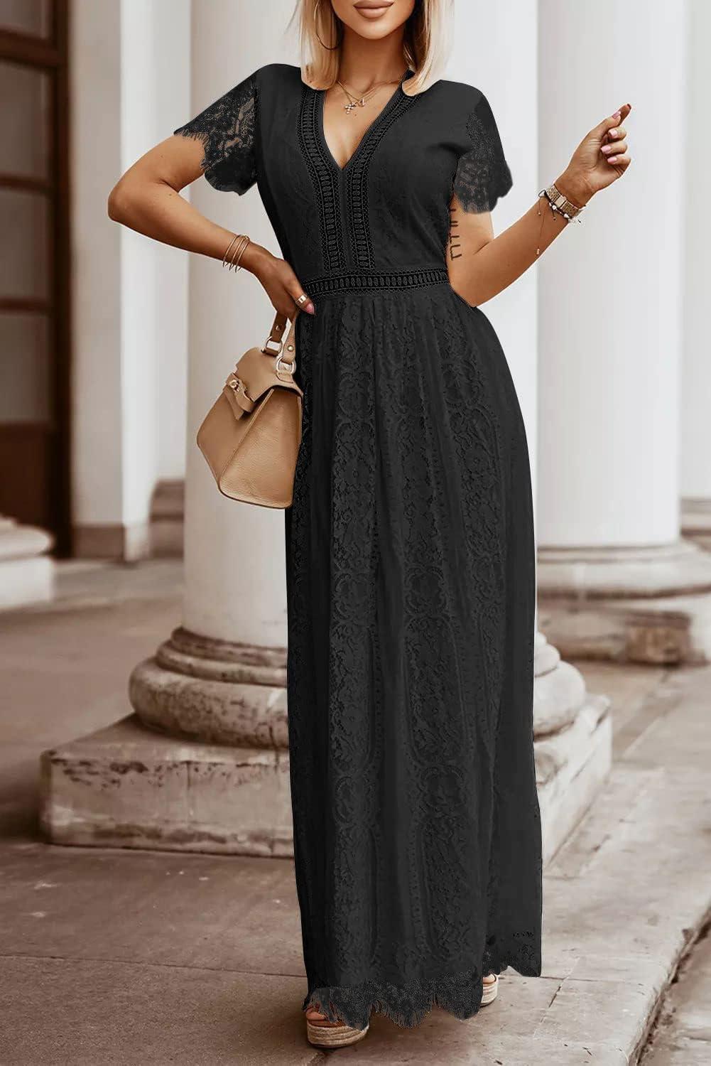 imageMEROKEETY Womens 2026 V Neck Short Sleeve Floral Lace Wedding Dress A Line Boho Bridesmaid Cocktail Party Maxi DressBlack