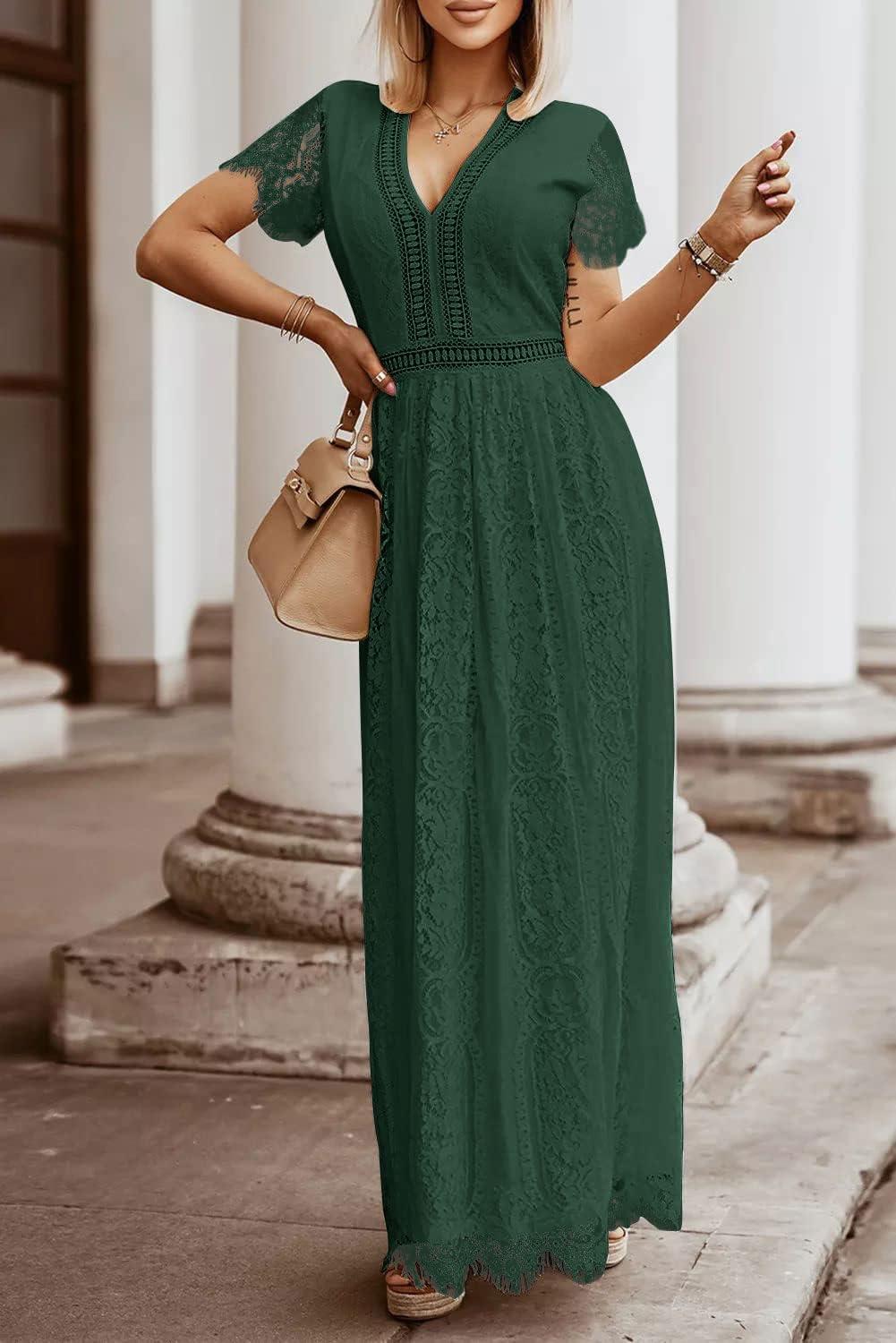 imageMEROKEETY Womens 2026 V Neck Short Sleeve Floral Lace Wedding Dress A Line Boho Bridesmaid Cocktail Party Maxi DressDark Green