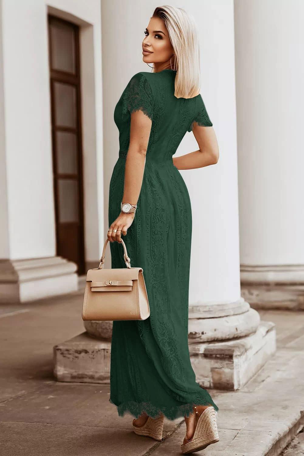 imageMEROKEETY Womens 2026 V Neck Short Sleeve Floral Lace Wedding Dress A Line Boho Bridesmaid Cocktail Party Maxi DressDark Green