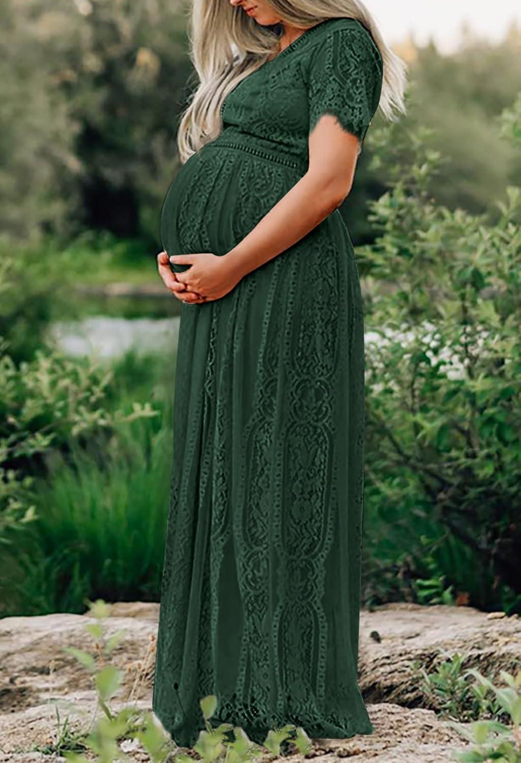imageMEROKEETY Womens 2026 V Neck Short Sleeve Floral Lace Wedding Dress A Line Boho Bridesmaid Cocktail Party Maxi DressDark Green