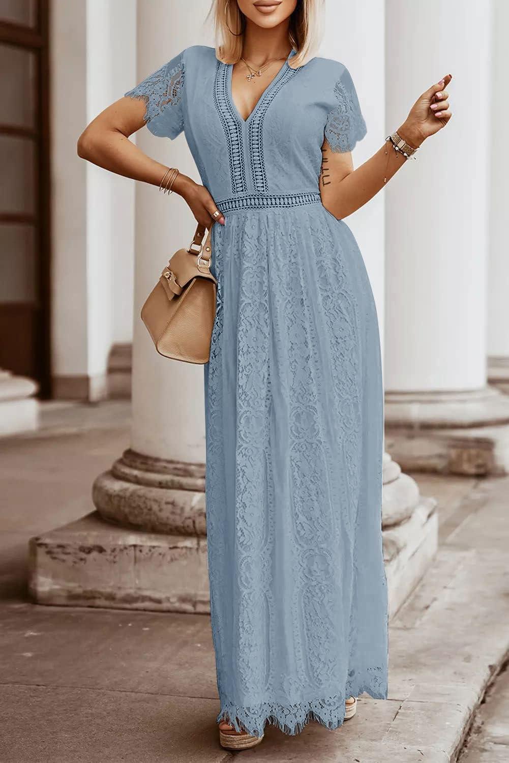 imageMEROKEETY Womens 2026 V Neck Short Sleeve Floral Lace Wedding Dress A Line Boho Bridesmaid Cocktail Party Maxi DressGray Blue