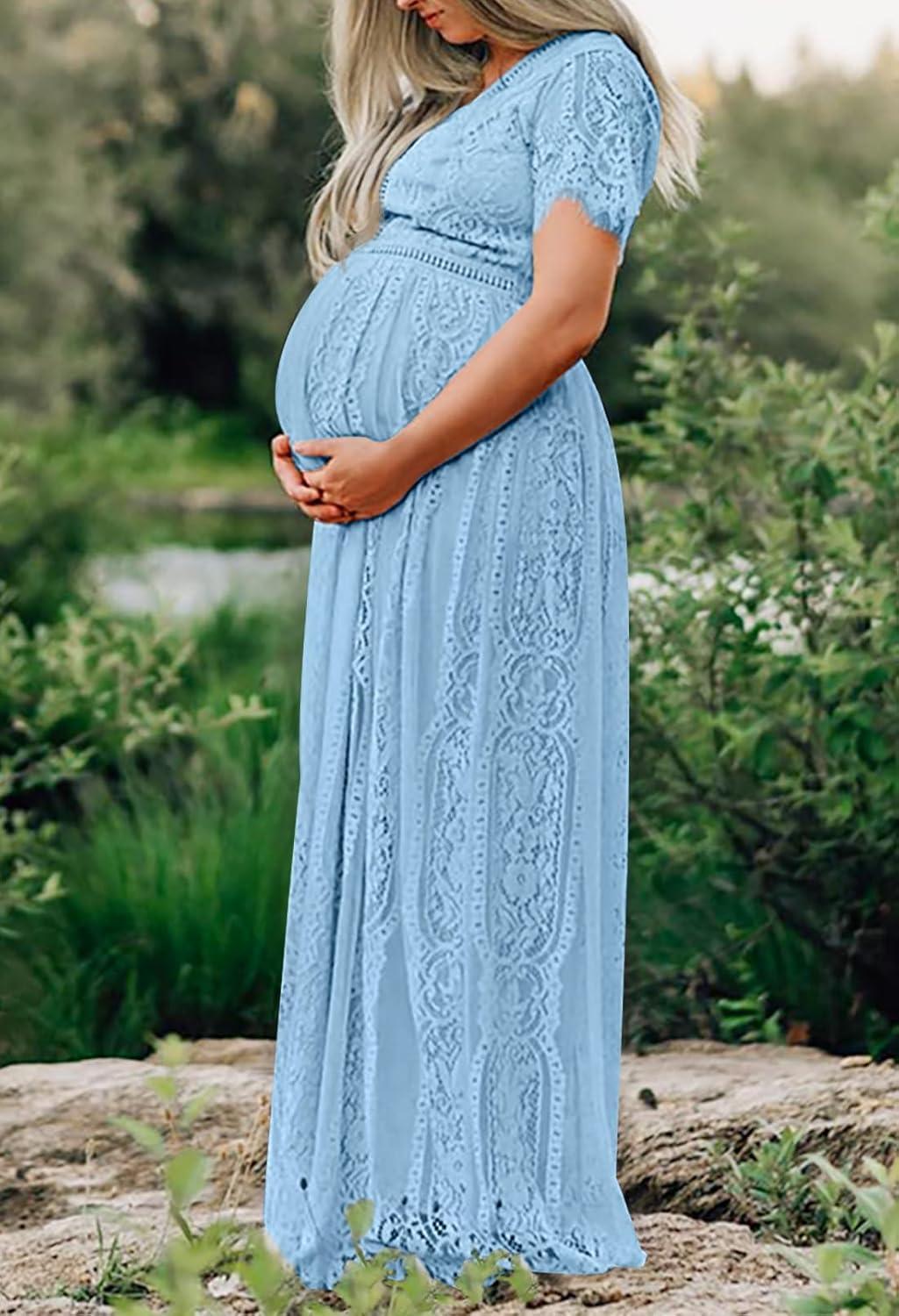 imageMEROKEETY Womens 2026 V Neck Short Sleeve Floral Lace Wedding Dress A Line Boho Bridesmaid Cocktail Party Maxi DressLight Blue