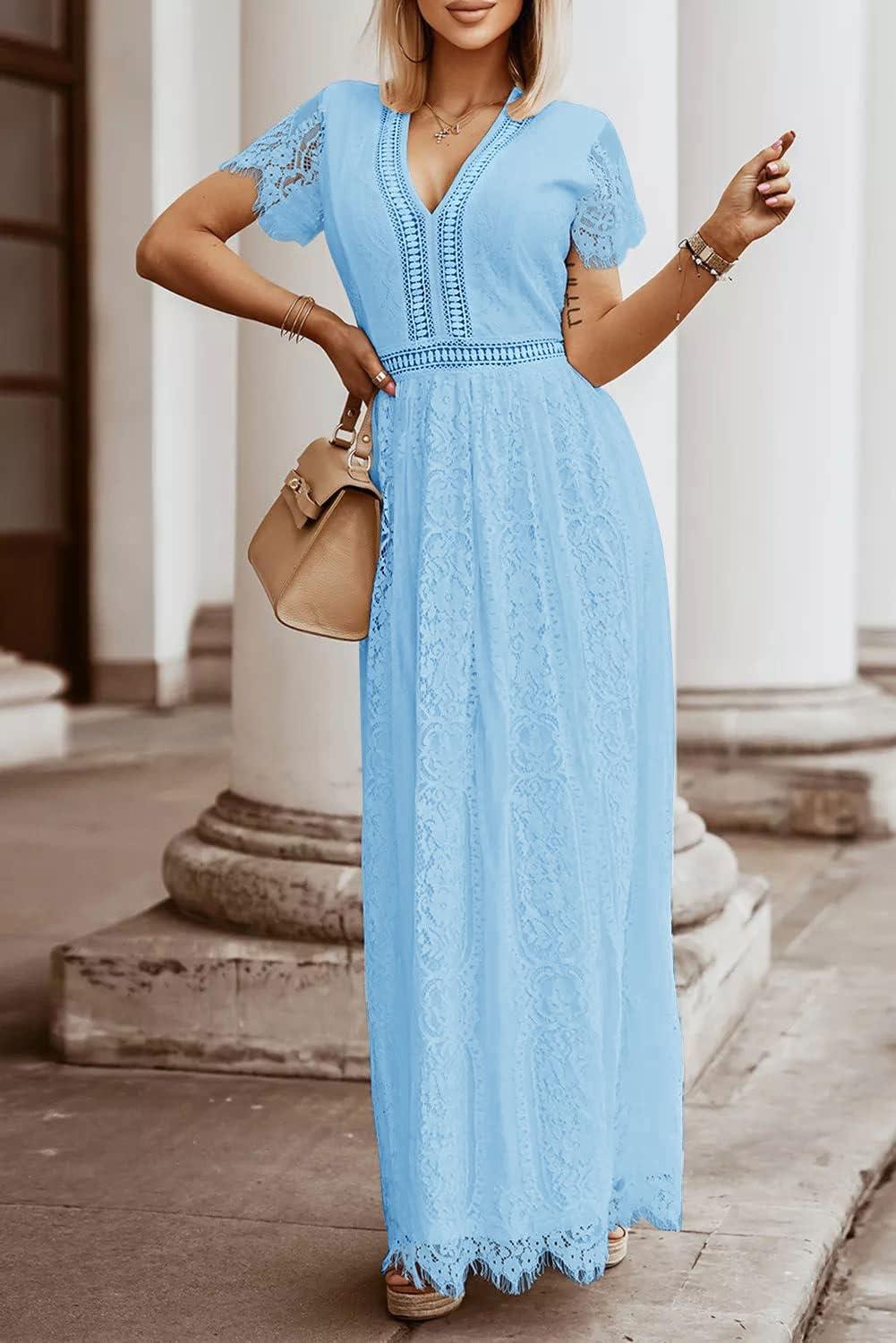 imageMEROKEETY Womens 2026 V Neck Short Sleeve Floral Lace Wedding Dress A Line Boho Bridesmaid Cocktail Party Maxi DressLight Blue