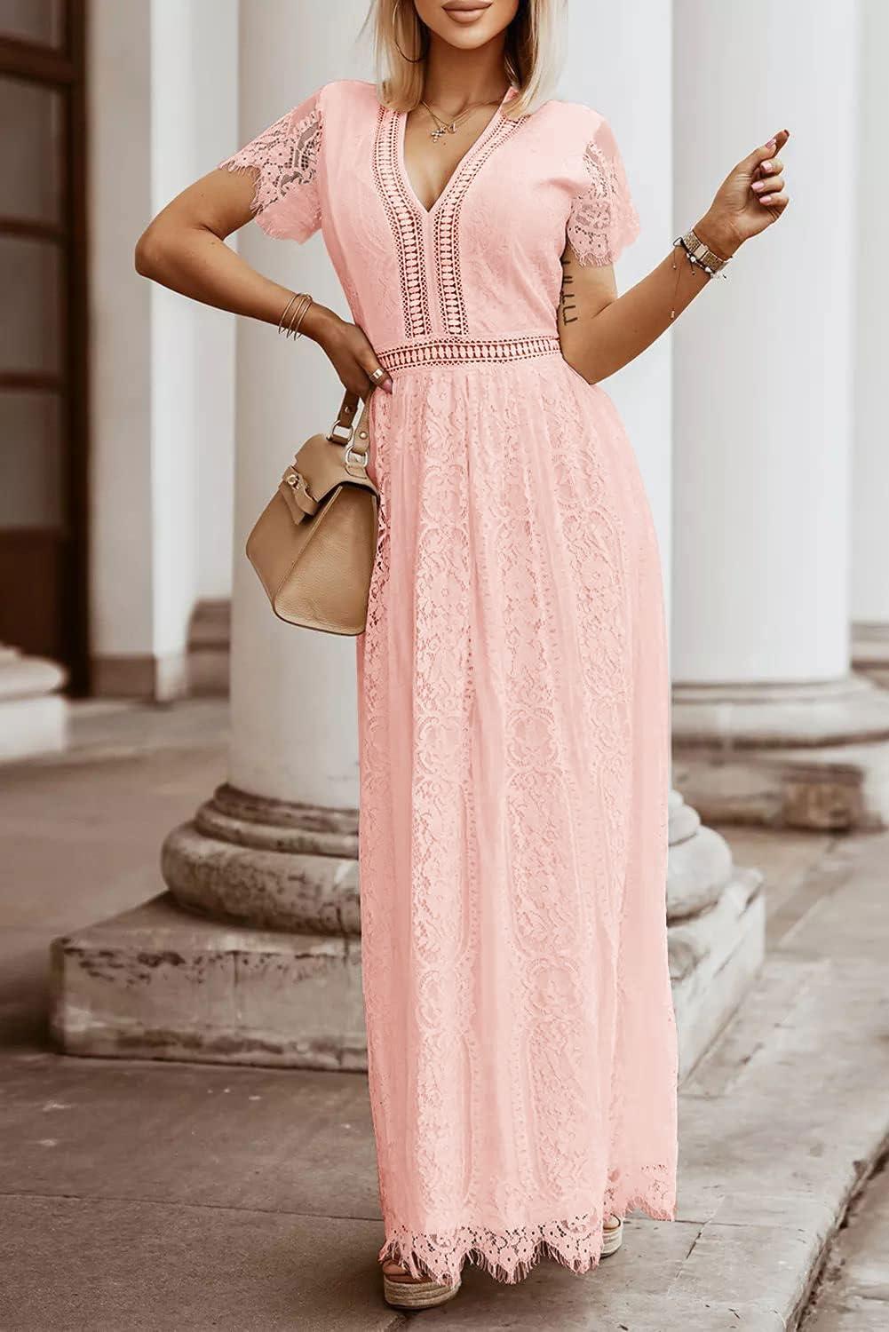 imageMEROKEETY Womens 2026 V Neck Short Sleeve Floral Lace Wedding Dress A Line Boho Bridesmaid Cocktail Party Maxi DressPink