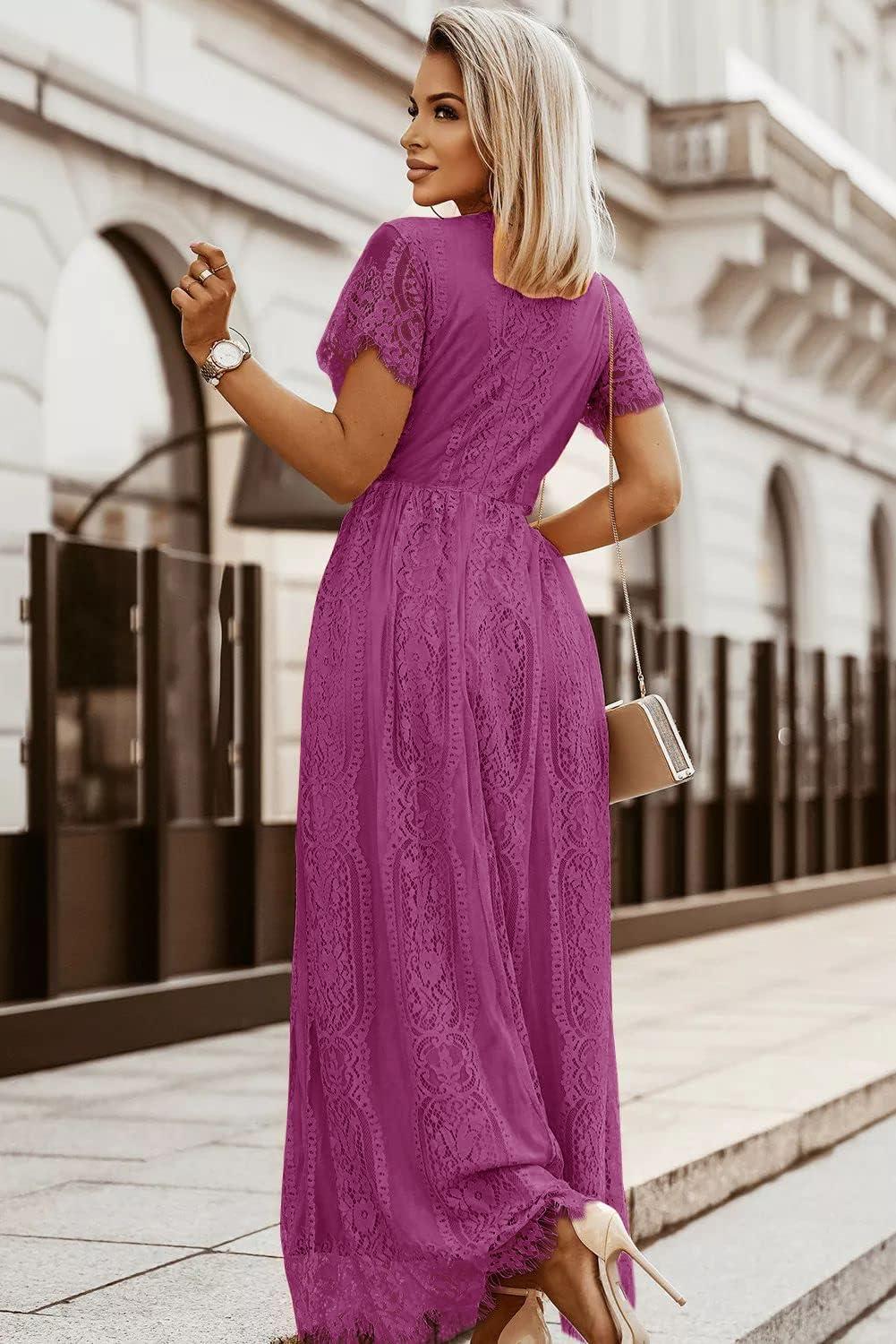 imageMEROKEETY Womens 2026 V Neck Short Sleeve Floral Lace Wedding Dress A Line Boho Bridesmaid Cocktail Party Maxi DressPlum