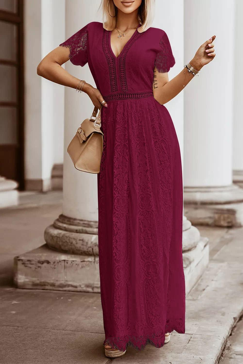 imageMEROKEETY Womens 2026 V Neck Short Sleeve Floral Lace Wedding Dress A Line Boho Bridesmaid Cocktail Party Maxi DressWine