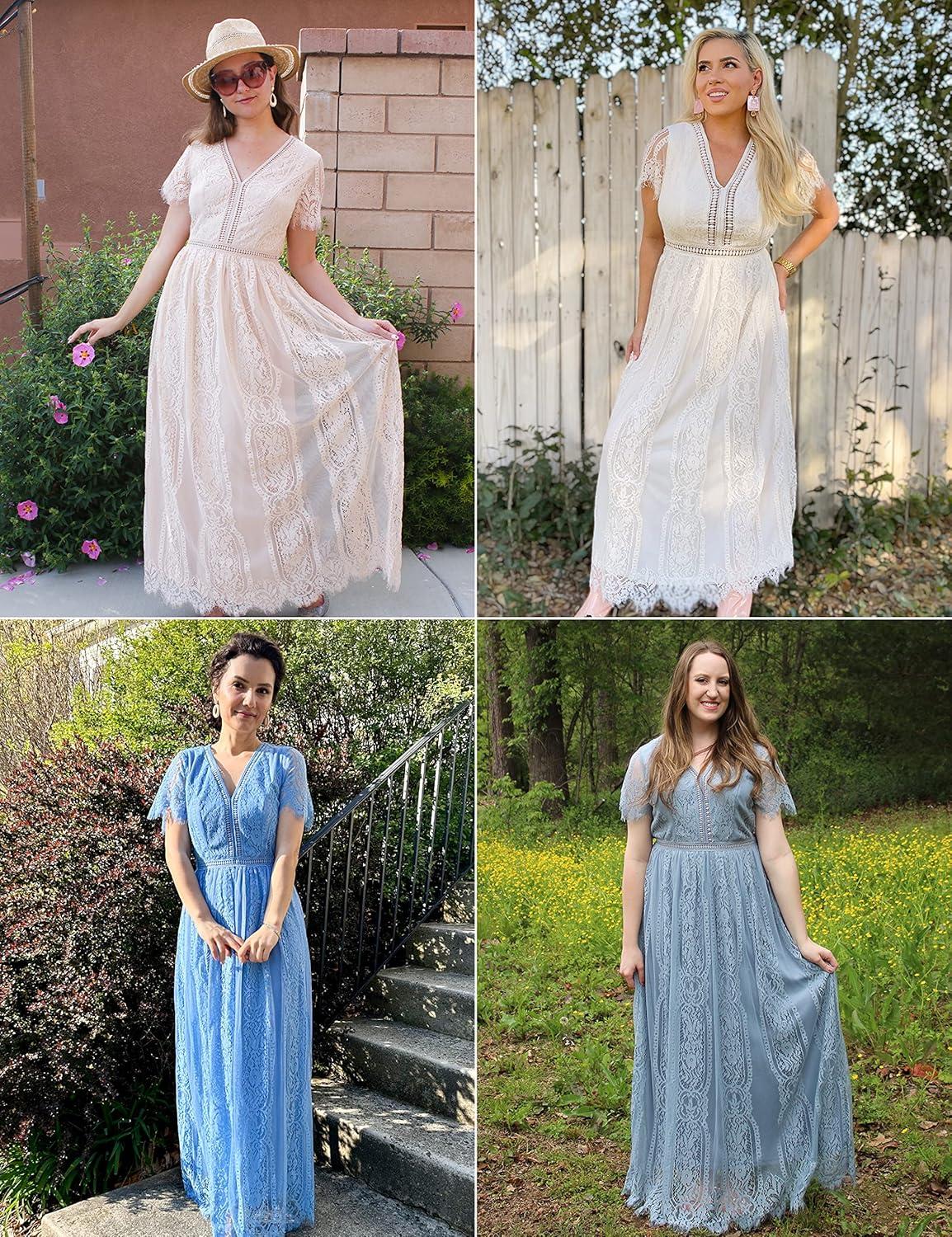 imageMEROKEETY Womens 2026 V Neck Short Sleeve Floral Lace Wedding Dress A Line Boho Bridesmaid Cocktail Party Maxi DressWine