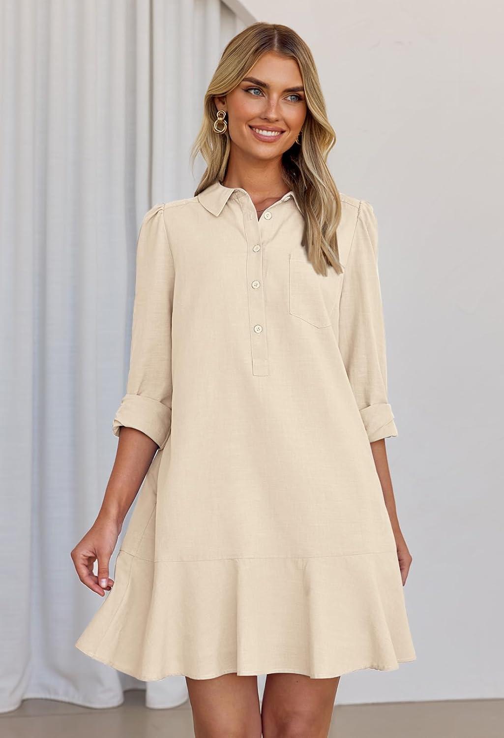 imageMEROKEETY Womens Casual Shirt Dress Long Sleeve Button Down Ruffle Flowy Tunic Shift Mini DressesBeige