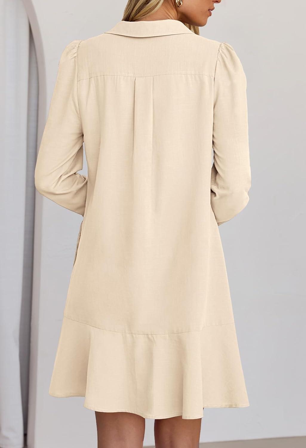 imageMEROKEETY Womens Casual Shirt Dress Long Sleeve Button Down Ruffle Flowy Tunic Shift Mini DressesBeige