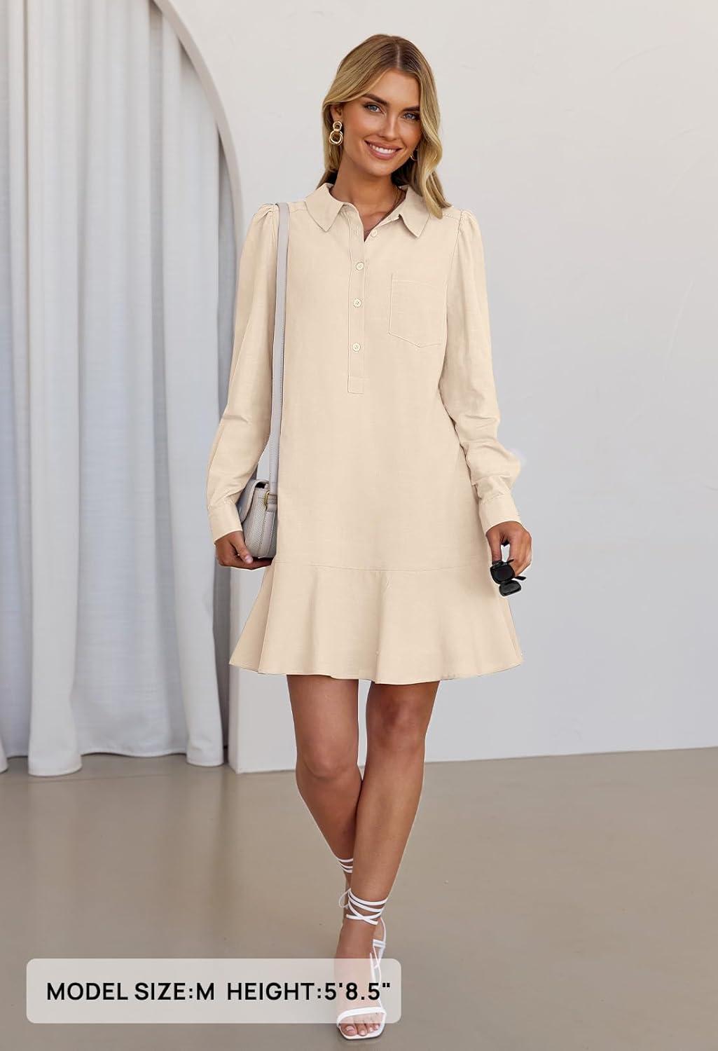 imageMEROKEETY Womens Casual Shirt Dress Long Sleeve Button Down Ruffle Flowy Tunic Shift Mini DressesBeige