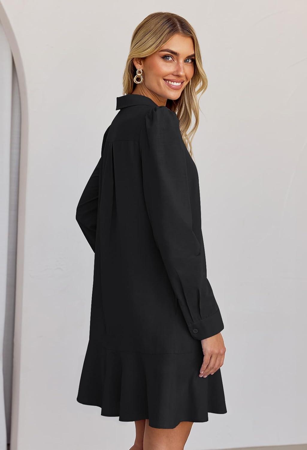 imageMEROKEETY Womens Casual Shirt Dress Long Sleeve Button Down Ruffle Flowy Tunic Shift Mini DressesBlack