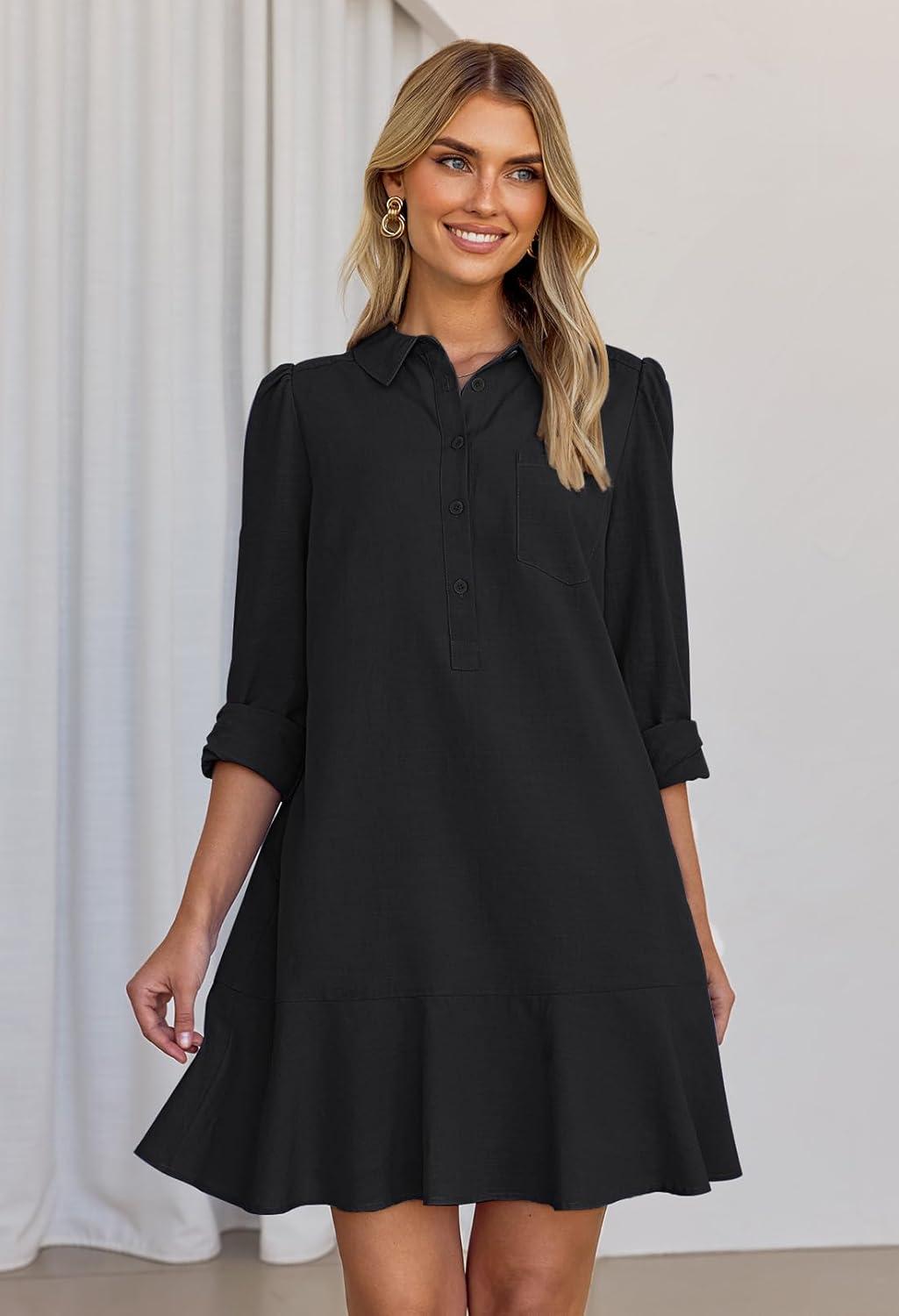 imageMEROKEETY Womens Casual Shirt Dress Long Sleeve Button Down Ruffle Flowy Tunic Shift Mini DressesBlack