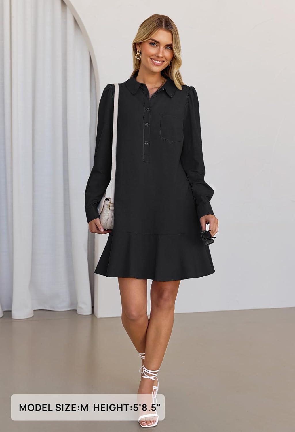 imageMEROKEETY Womens Casual Shirt Dress Long Sleeve Button Down Ruffle Flowy Tunic Shift Mini DressesBlack