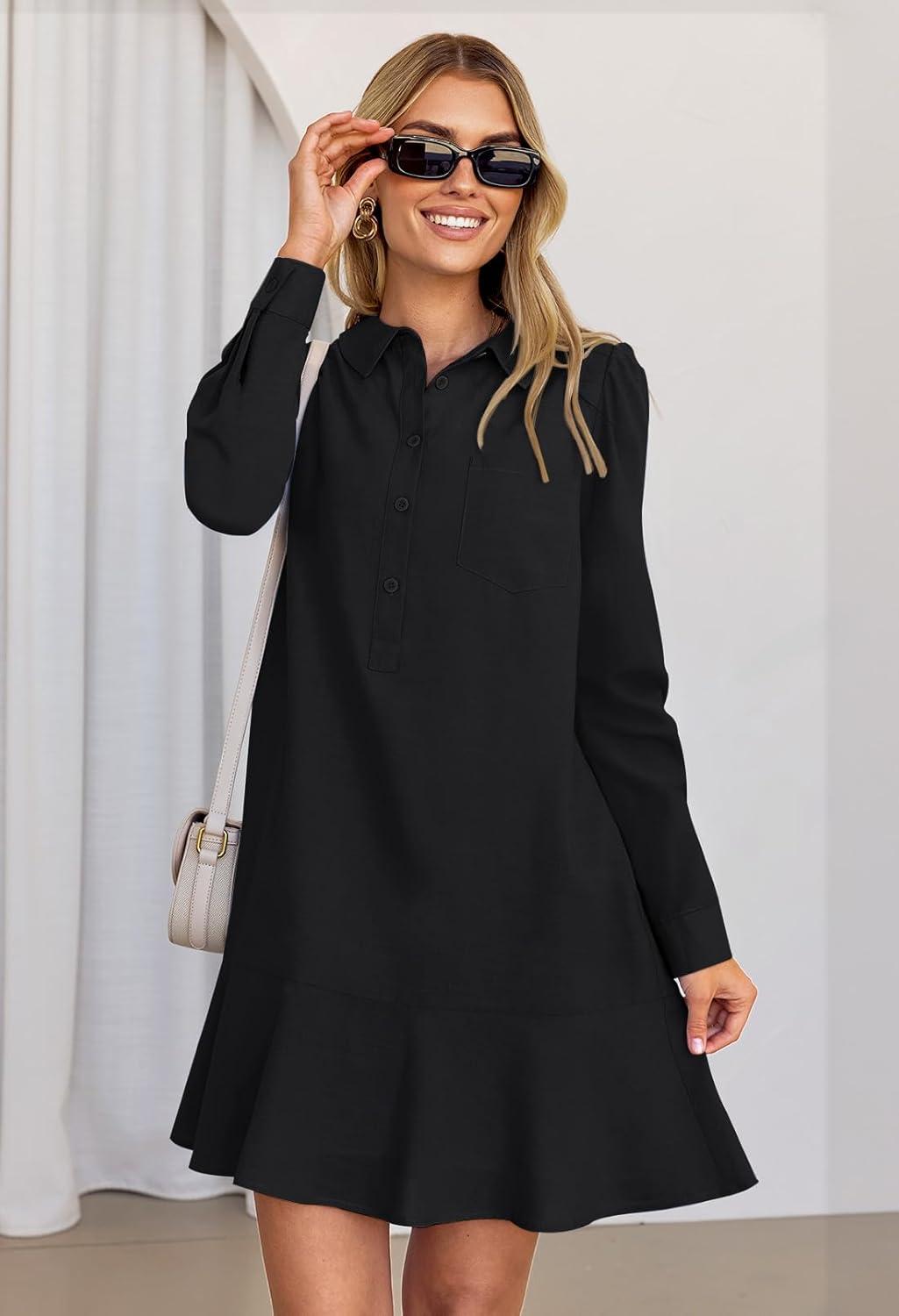 imageMEROKEETY Womens Casual Shirt Dress Long Sleeve Button Down Ruffle Flowy Tunic Shift Mini DressesBlack
