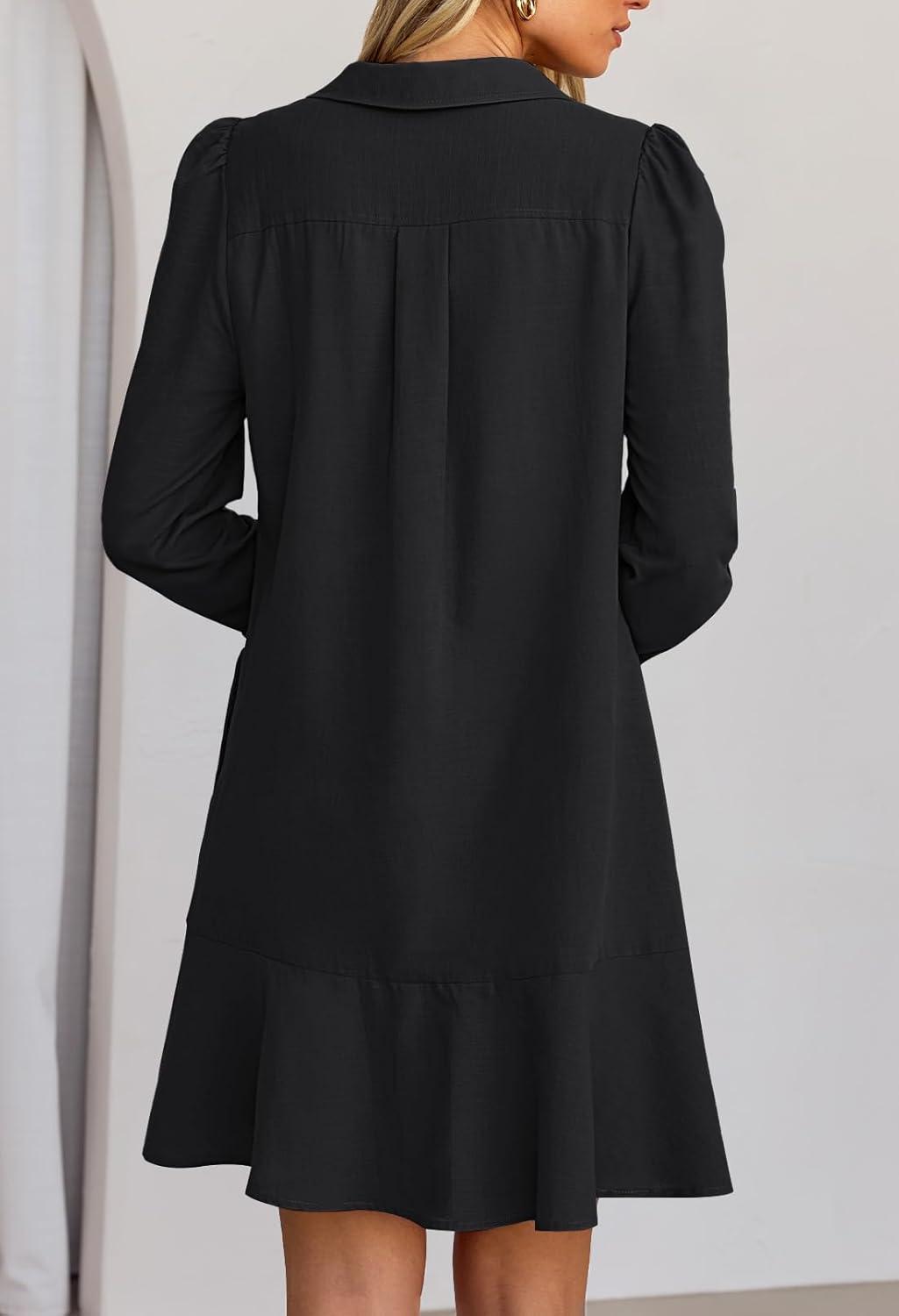 imageMEROKEETY Womens Casual Shirt Dress Long Sleeve Button Down Ruffle Flowy Tunic Shift Mini DressesBlack