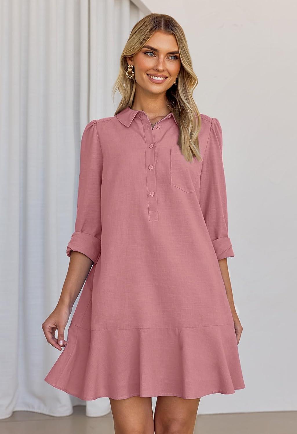 imageMEROKEETY Womens Casual Shirt Dress Long Sleeve Button Down Ruffle Flowy Tunic Shift Mini DressesDusty Pink
