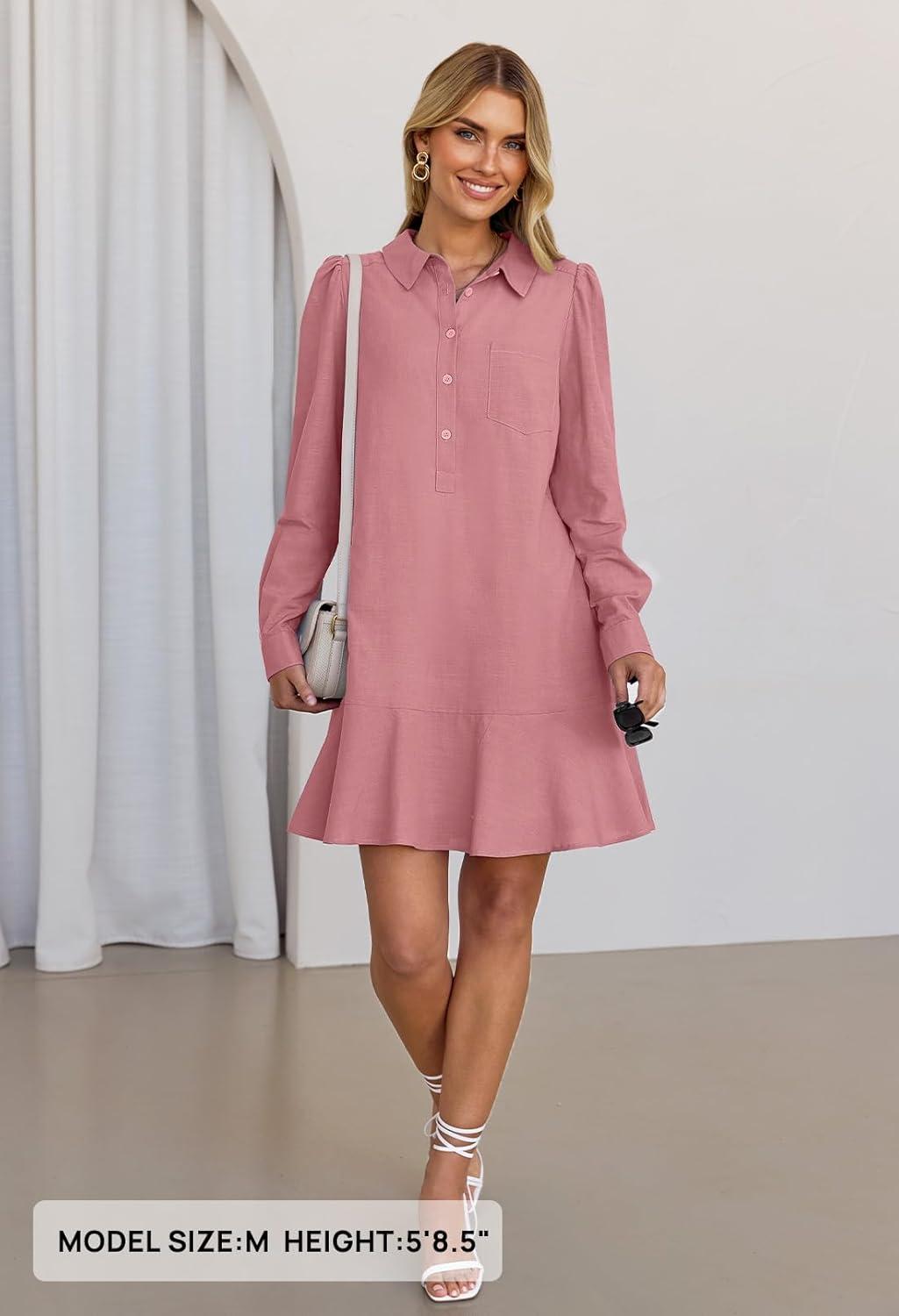 imageMEROKEETY Womens Casual Shirt Dress Long Sleeve Button Down Ruffle Flowy Tunic Shift Mini DressesDusty Pink