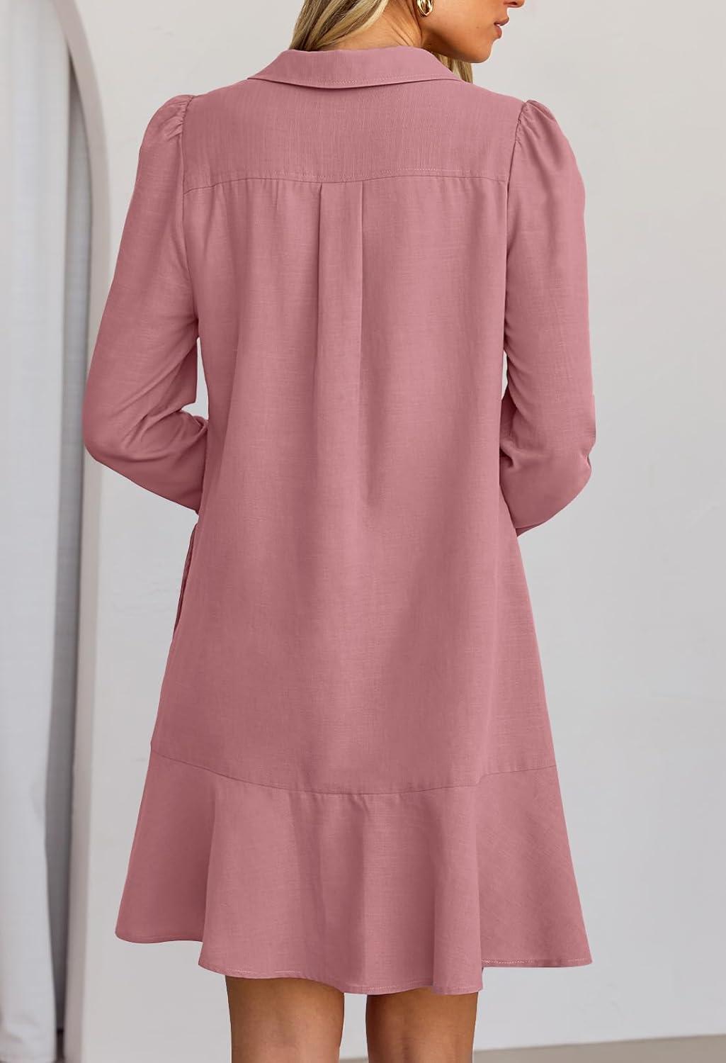 imageMEROKEETY Womens Casual Shirt Dress Long Sleeve Button Down Ruffle Flowy Tunic Shift Mini DressesDusty Pink