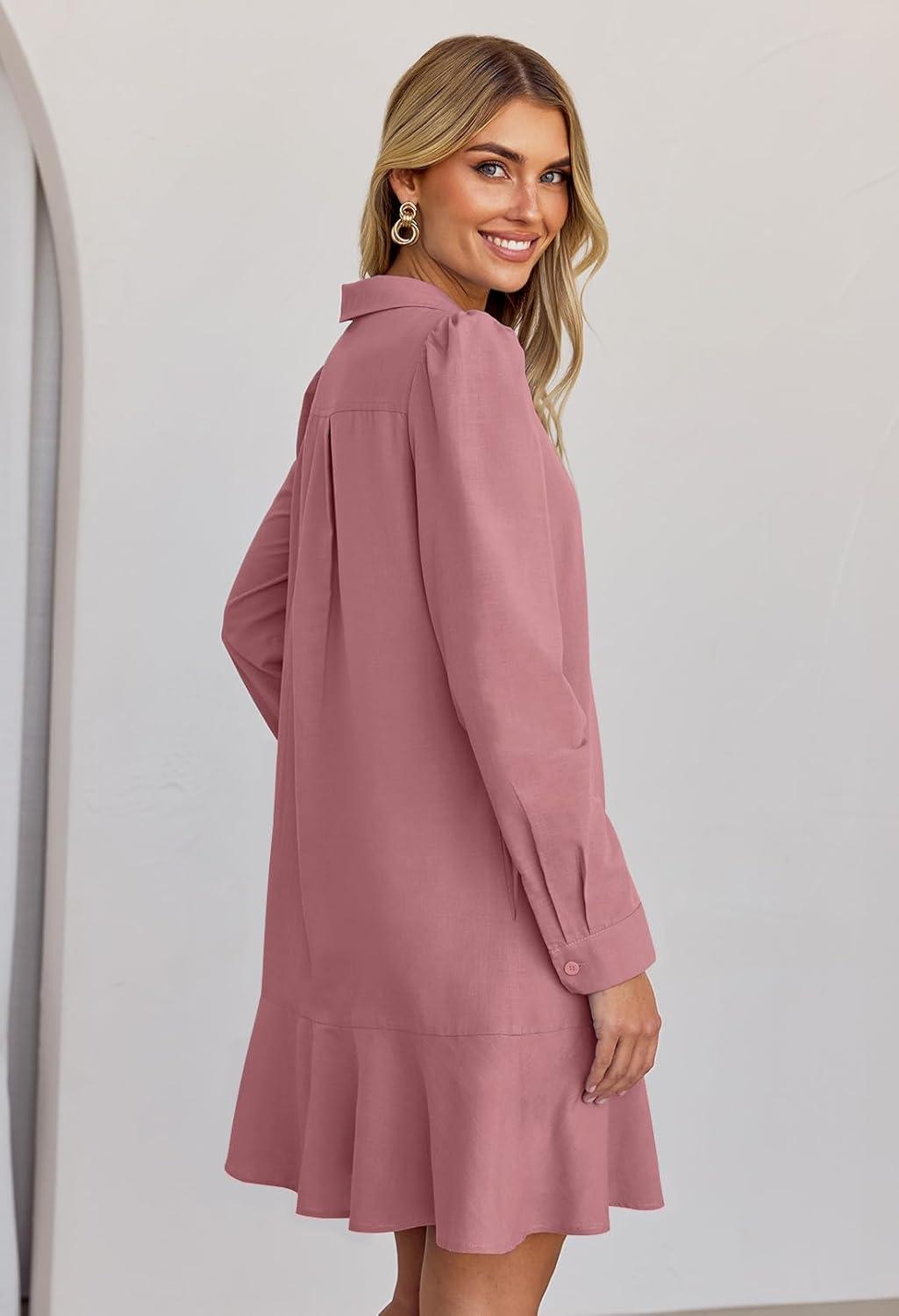 imageMEROKEETY Womens Casual Shirt Dress Long Sleeve Button Down Ruffle Flowy Tunic Shift Mini DressesDusty Pink