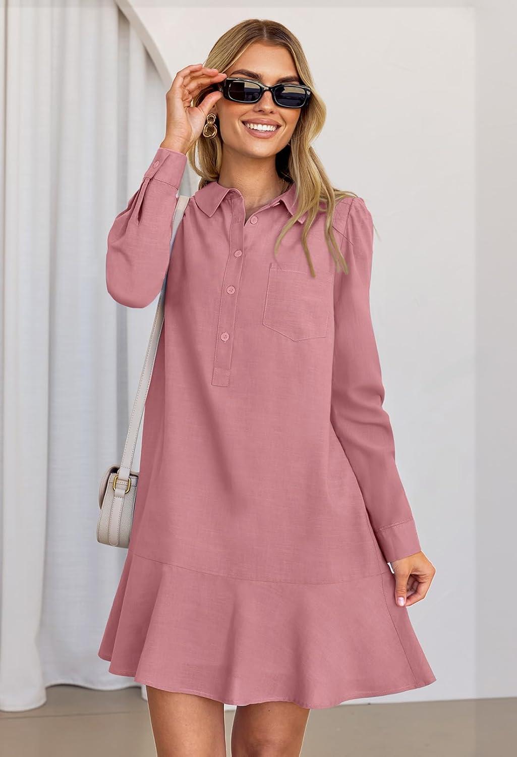imageMEROKEETY Womens Casual Shirt Dress Long Sleeve Button Down Ruffle Flowy Tunic Shift Mini DressesDusty Pink