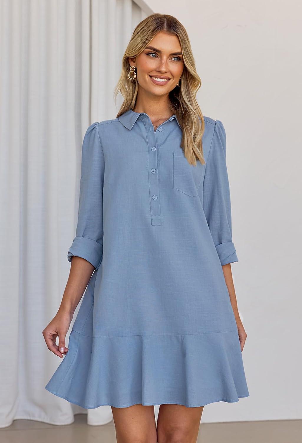 imageMEROKEETY Womens Casual Shirt Dress Long Sleeve Button Down Ruffle Flowy Tunic Shift Mini DressesGray Blue