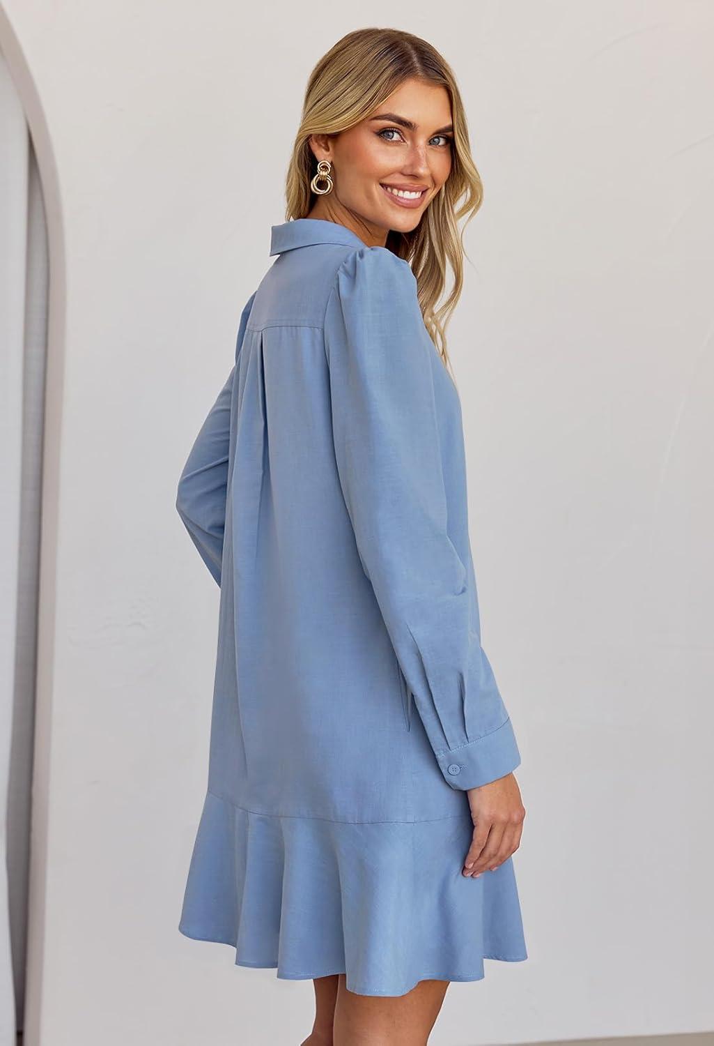 imageMEROKEETY Womens Casual Shirt Dress Long Sleeve Button Down Ruffle Flowy Tunic Shift Mini DressesGray Blue