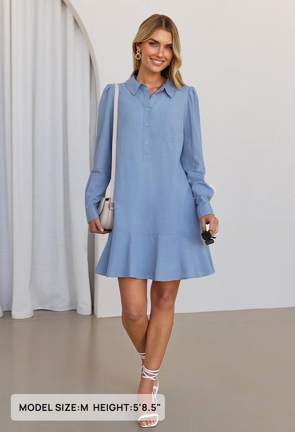 imageMEROKEETY Womens Casual Shirt Dress Long Sleeve Button Down Ruffle Flowy Tunic Shift Mini DressesGray Blue