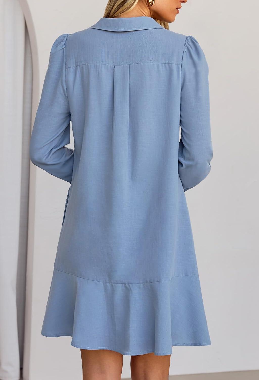 imageMEROKEETY Womens Casual Shirt Dress Long Sleeve Button Down Ruffle Flowy Tunic Shift Mini DressesGray Blue