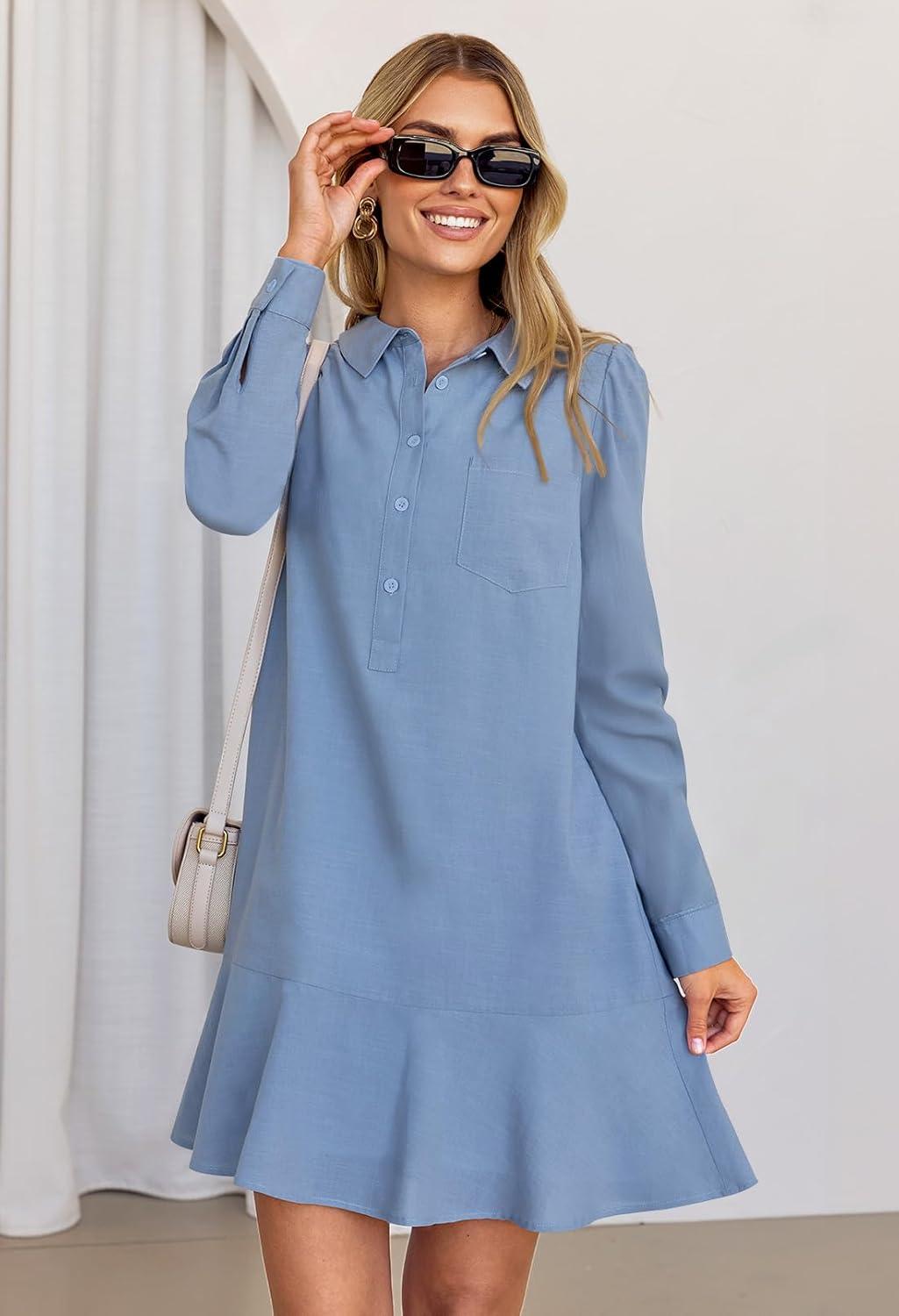 imageMEROKEETY Womens Casual Shirt Dress Long Sleeve Button Down Ruffle Flowy Tunic Shift Mini DressesGray Blue