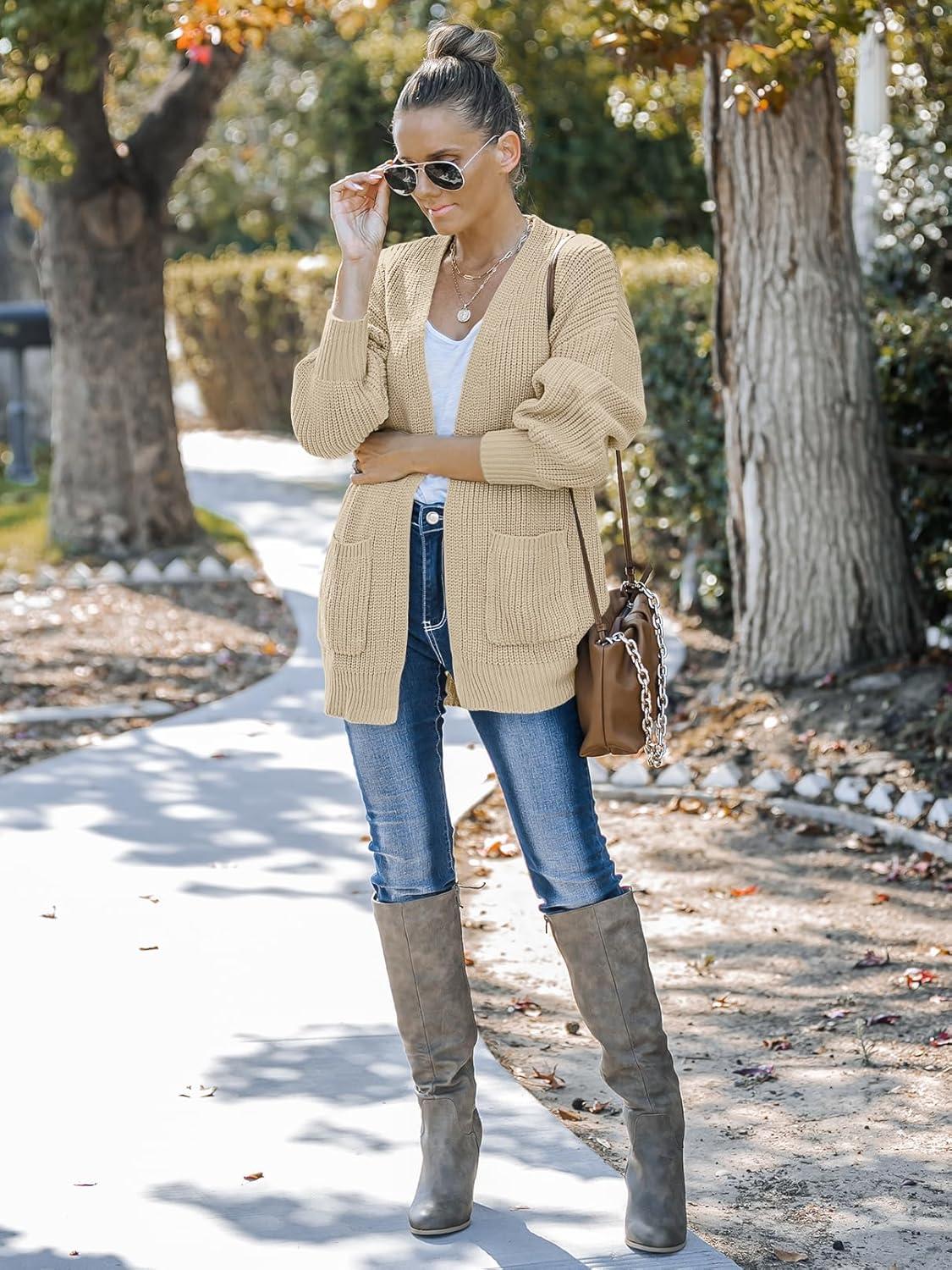 imageMEROKEETY Womens Chunky Cardigan Sweaters 2025 Lantern Long Sleeve Oversized Knit Outerwear with PocketsApricot