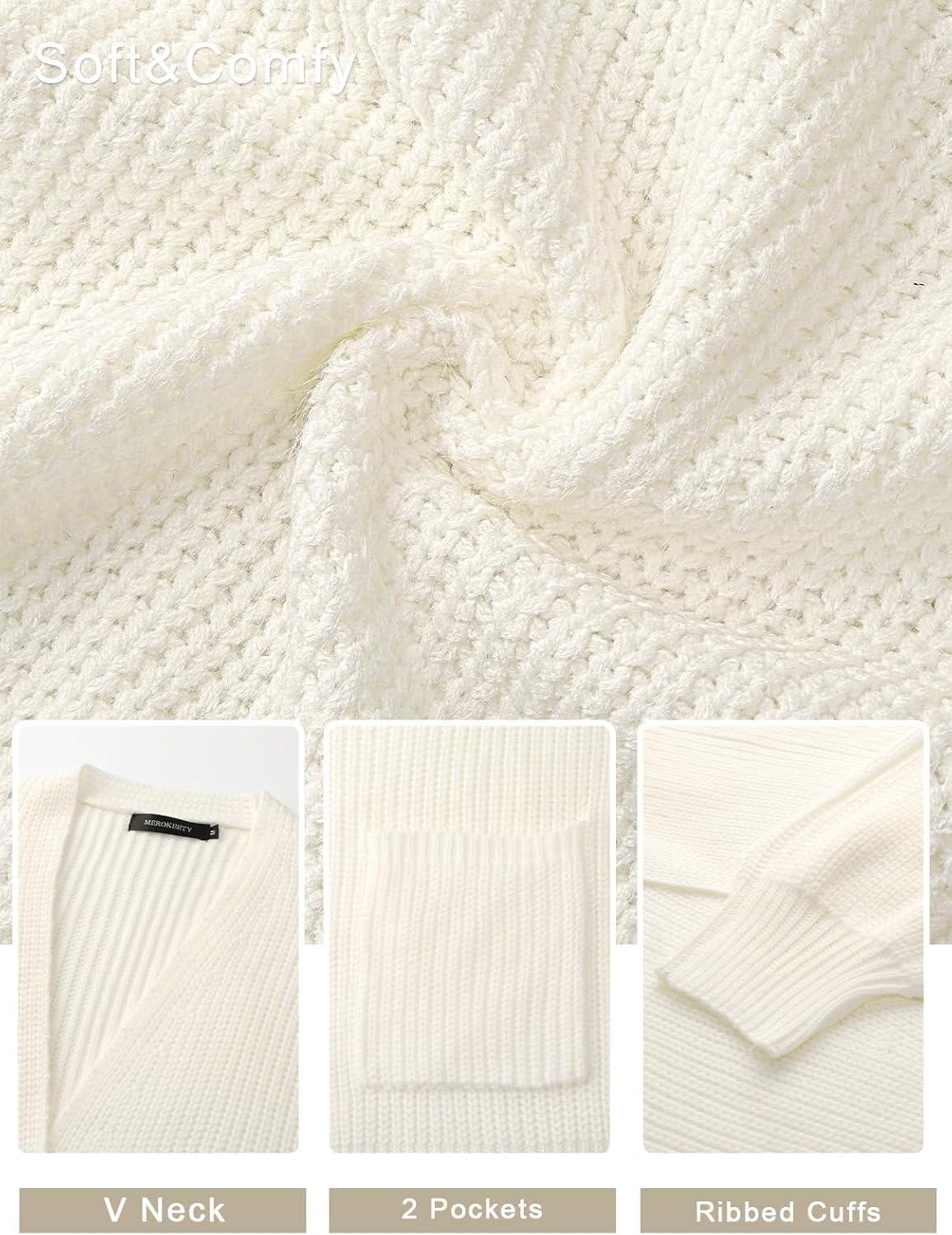 imageMEROKEETY Womens Chunky Cardigan Sweaters 2025 Lantern Long Sleeve Oversized Knit Outerwear with PocketsBeige
