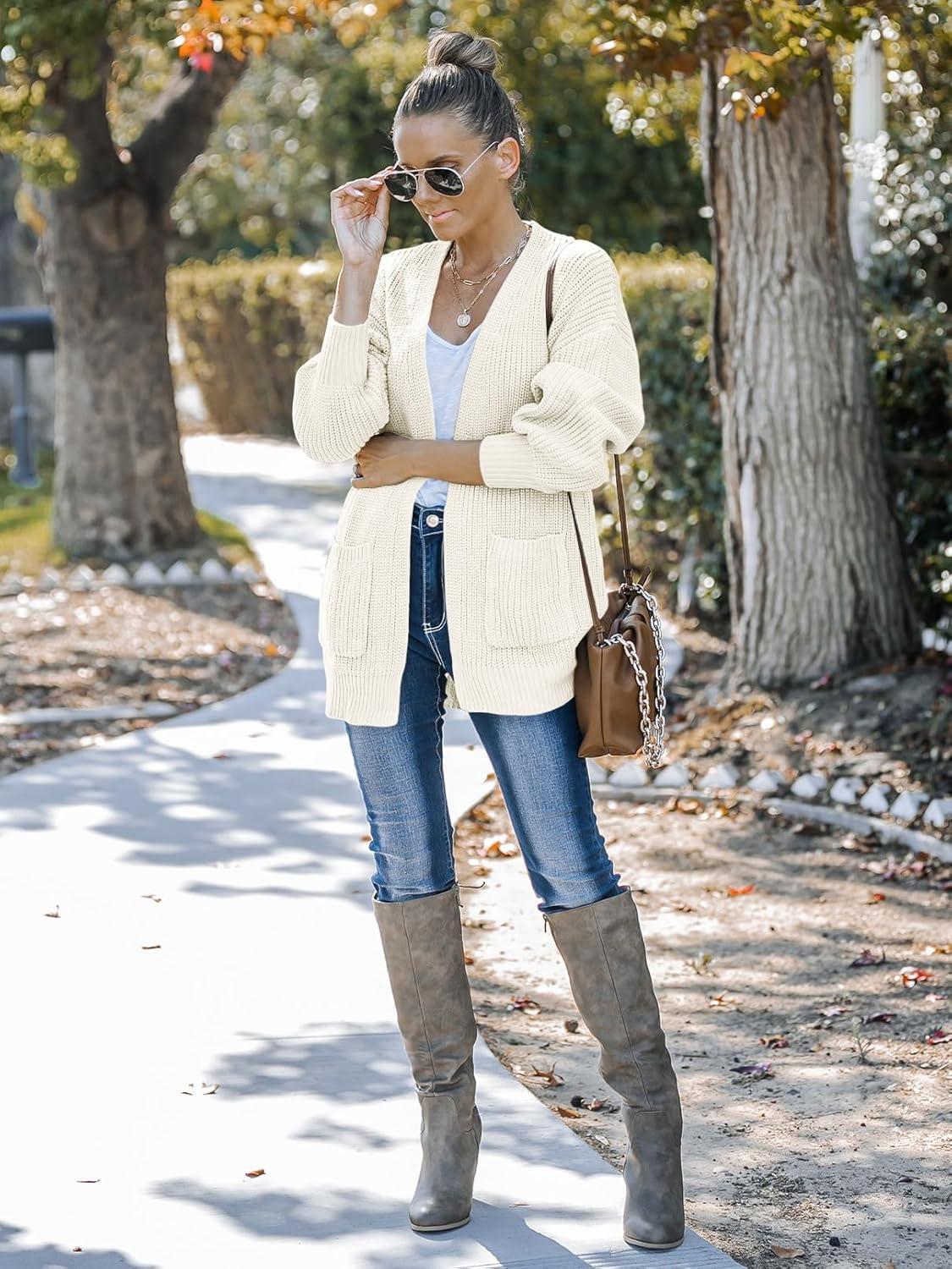 imageMEROKEETY Womens Chunky Cardigan Sweaters 2025 Lantern Long Sleeve Oversized Knit Outerwear with PocketsBeige