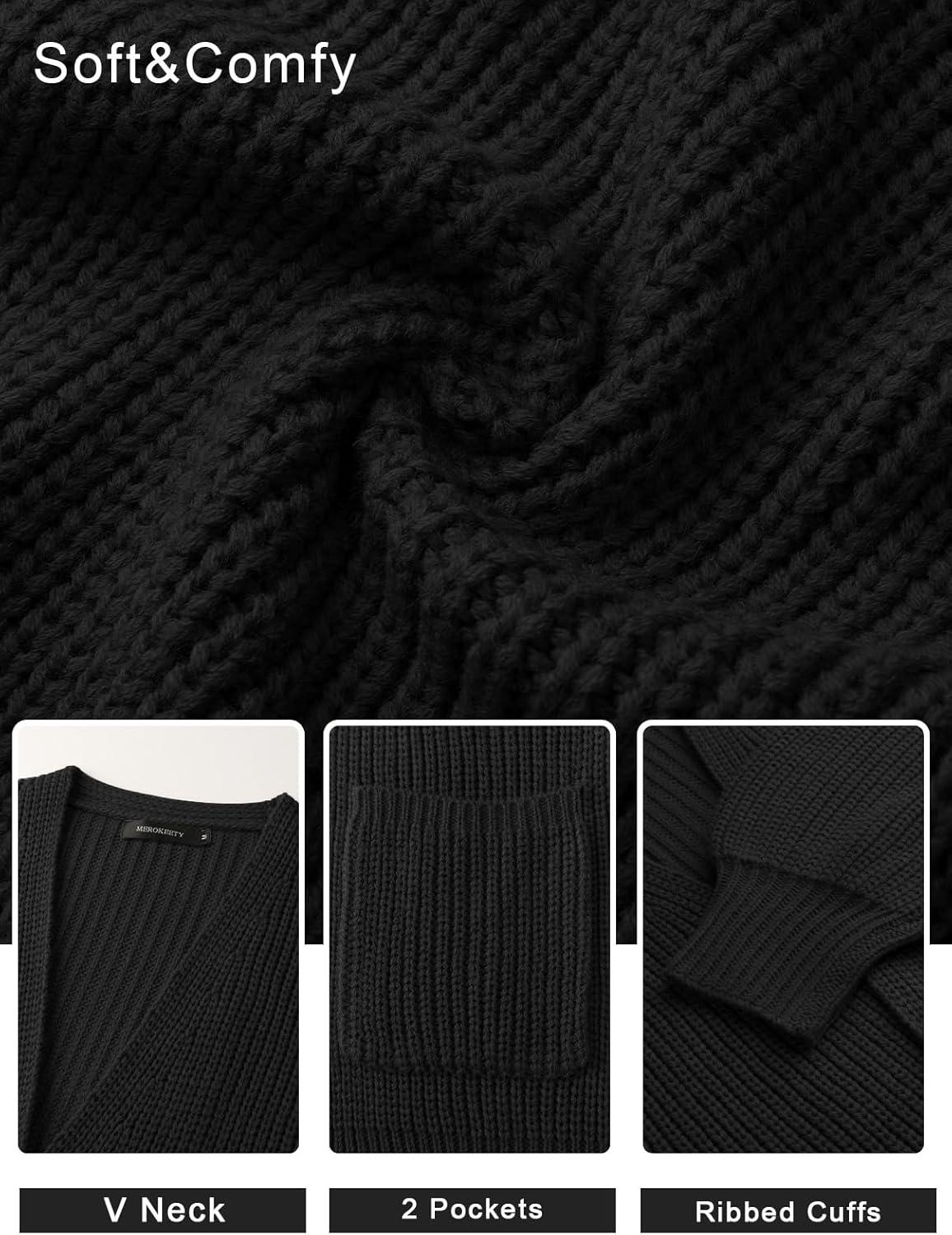 imageMEROKEETY Womens Chunky Cardigan Sweaters 2025 Lantern Long Sleeve Oversized Knit Outerwear with PocketsBlack