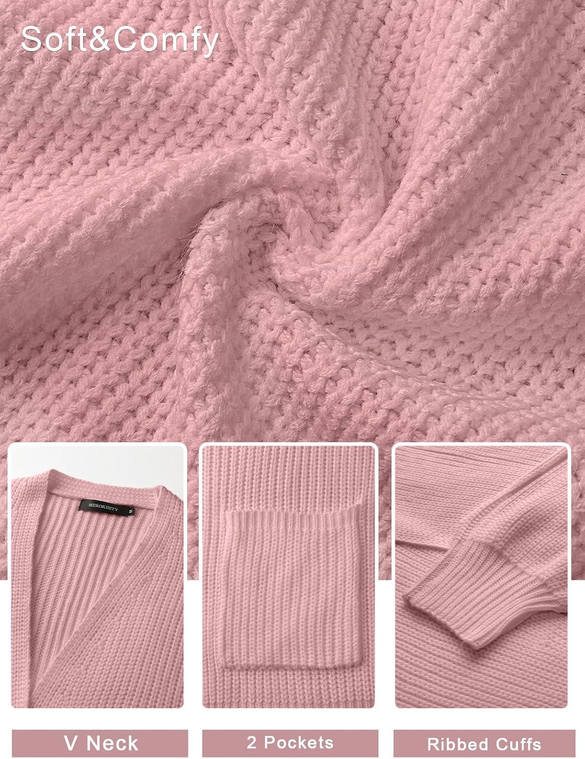 imageMEROKEETY Womens Chunky Cardigan Sweaters 2025 Lantern Long Sleeve Oversized Knit Outerwear with PocketsDusty Pink