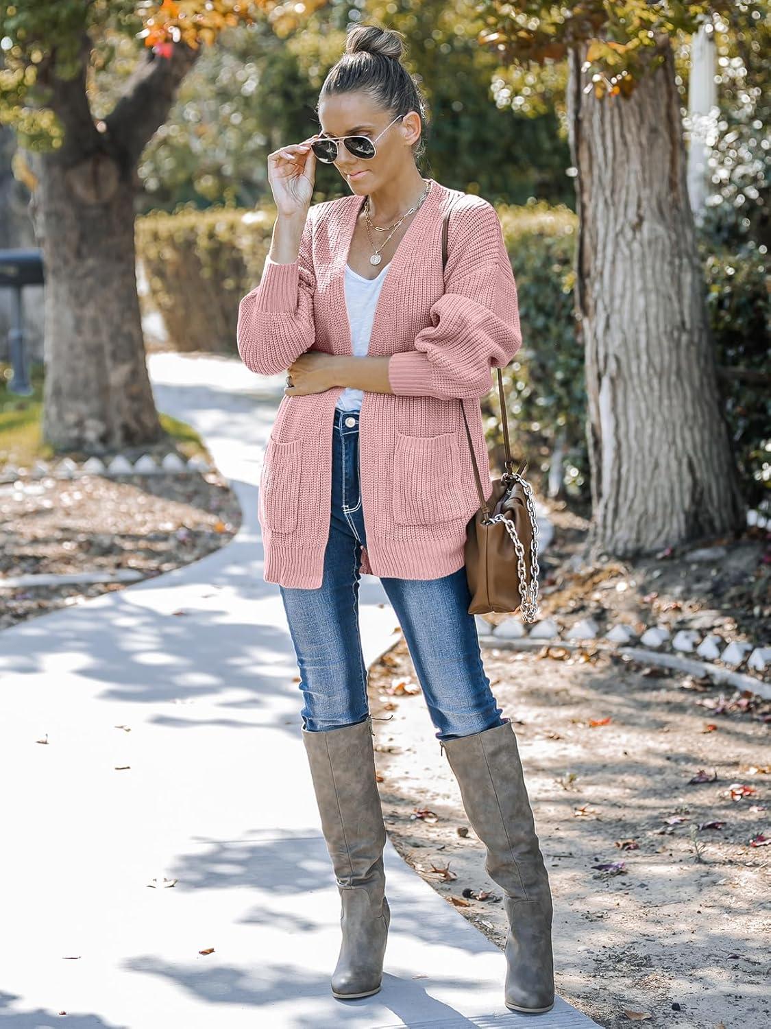 imageMEROKEETY Womens Chunky Cardigan Sweaters 2025 Lantern Long Sleeve Oversized Knit Outerwear with PocketsDusty Pink