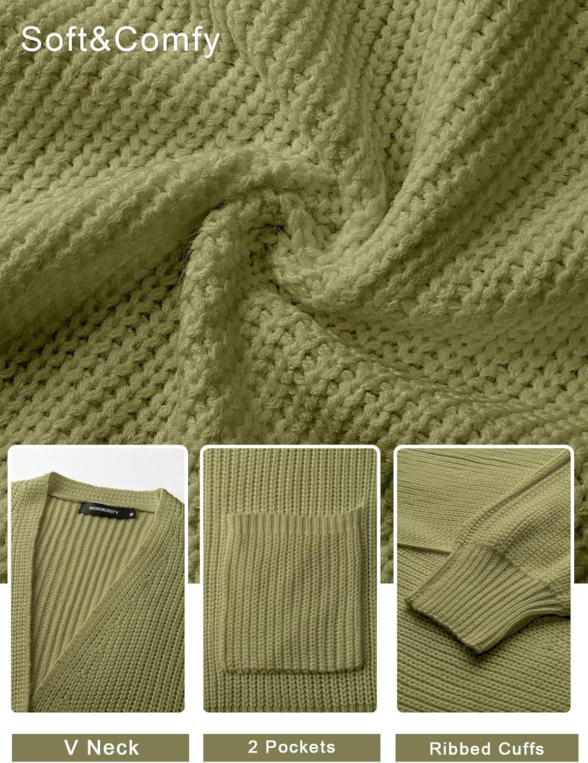 imageMEROKEETY Womens Chunky Cardigan Sweaters 2025 Lantern Long Sleeve Oversized Knit Outerwear with PocketsGreen