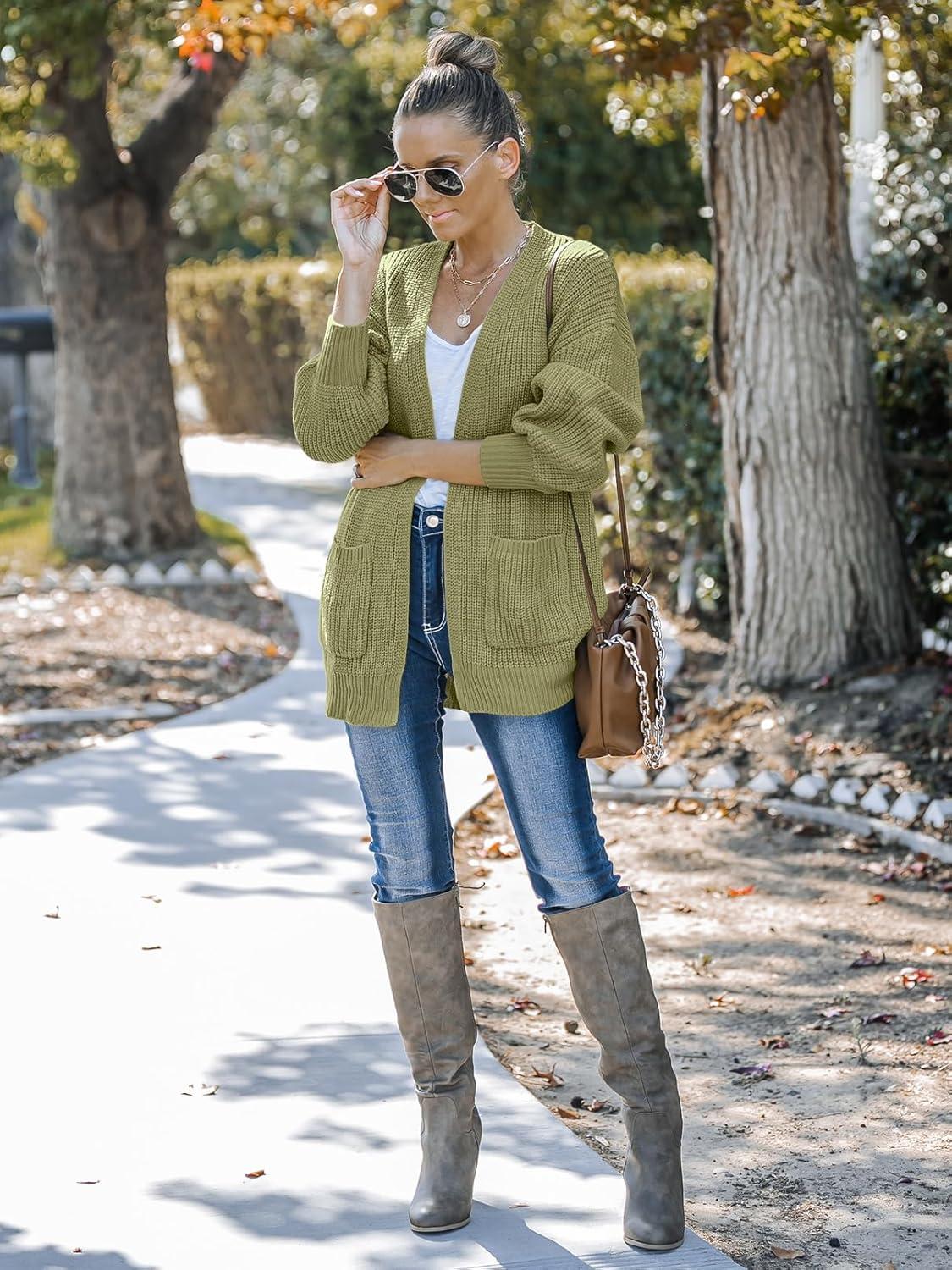 imageMEROKEETY Womens Chunky Cardigan Sweaters 2025 Lantern Long Sleeve Oversized Knit Outerwear with PocketsGreen